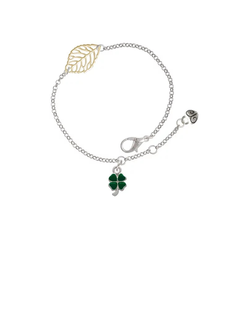 Delight Jewelry Silvertone Mini Green Four Leaf Clover with Heart Leaves - Goldtone Leaf Delicate , 6.25+1.75"