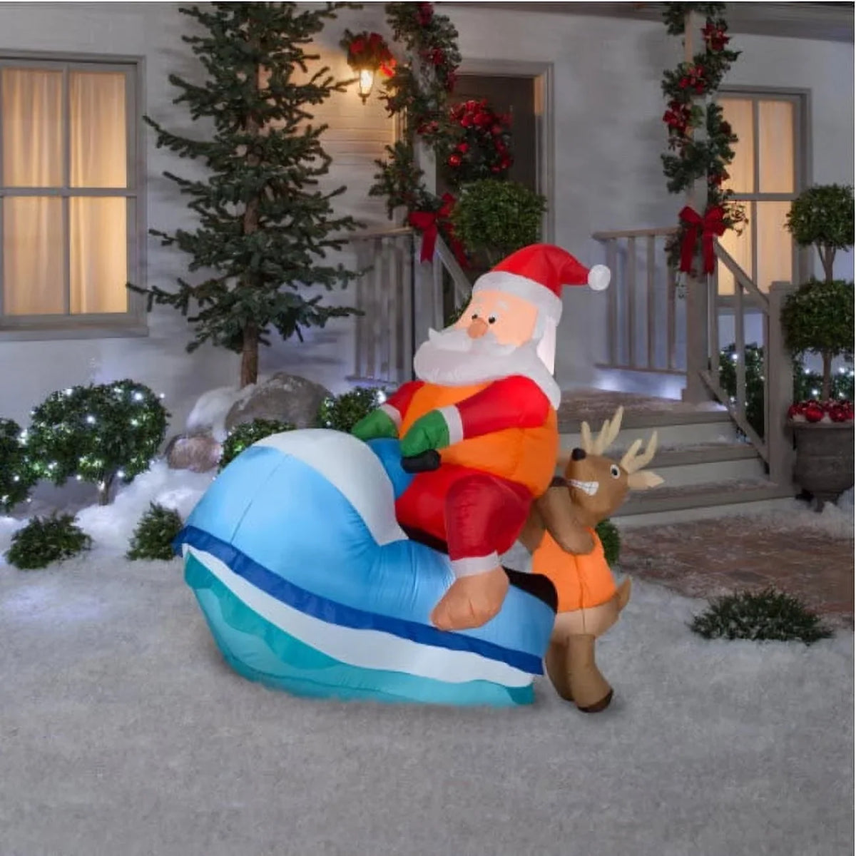 Home Accents Holiday 5 Ft. Pre-Lit LED Inflatable Santa on Watercraft Sleigh Scene