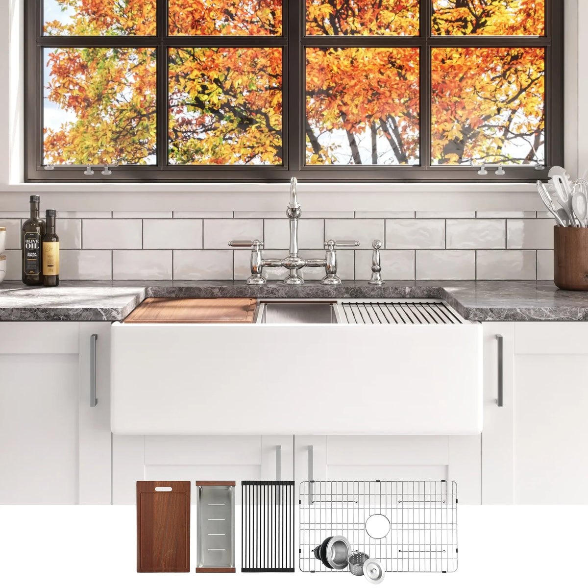 DUNMORE 33 Inch Farmhouse Sink Workstation, cUPC, 33x20 Single Bowl Clay, Apron Front White Kitchen Sink, Porcelain, Ceramic with Cutting Board & Accessories