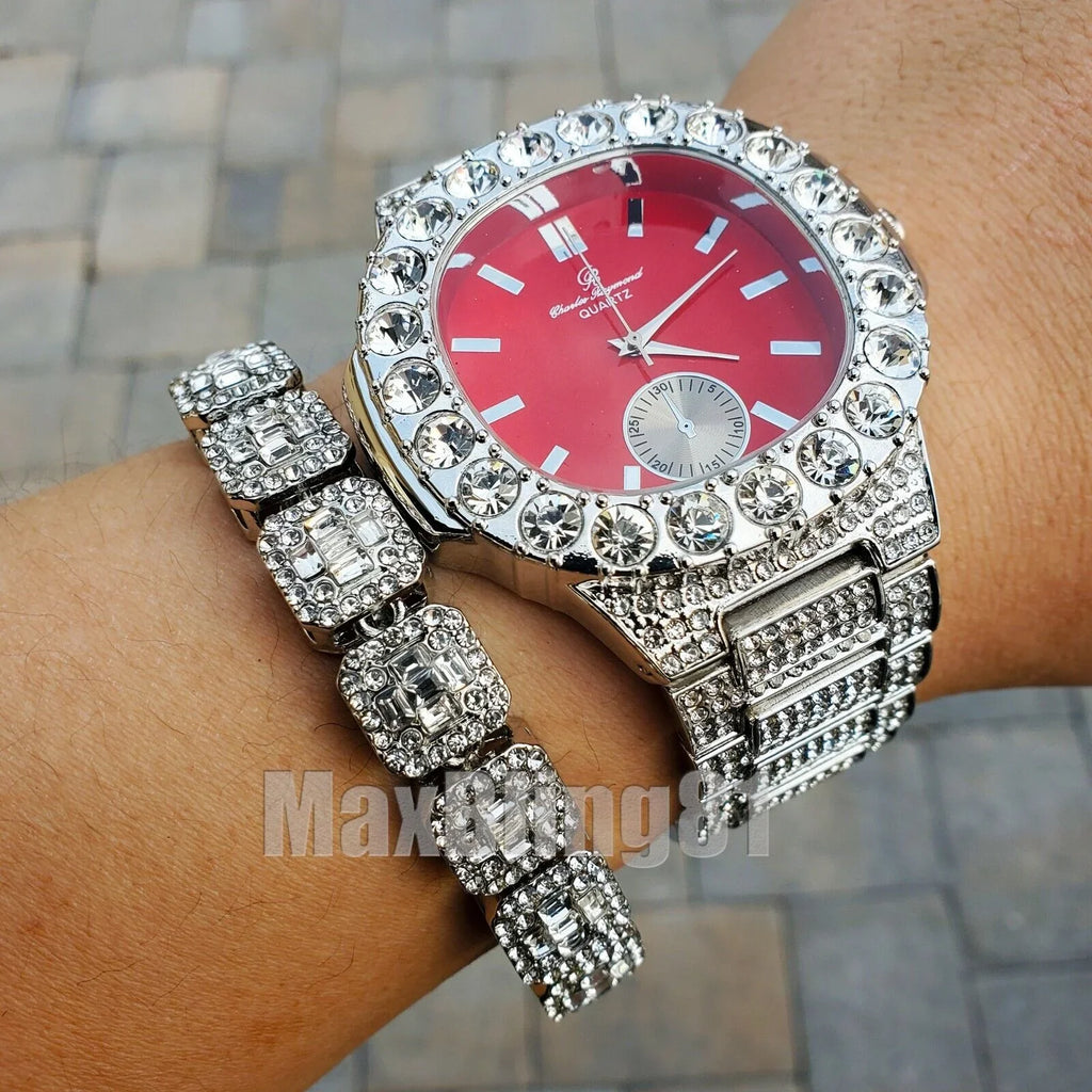 HIP HOP SILVER PT LUXURY BLING RED DIAL WATCH & ICED BAGUETTE STONE Bangle