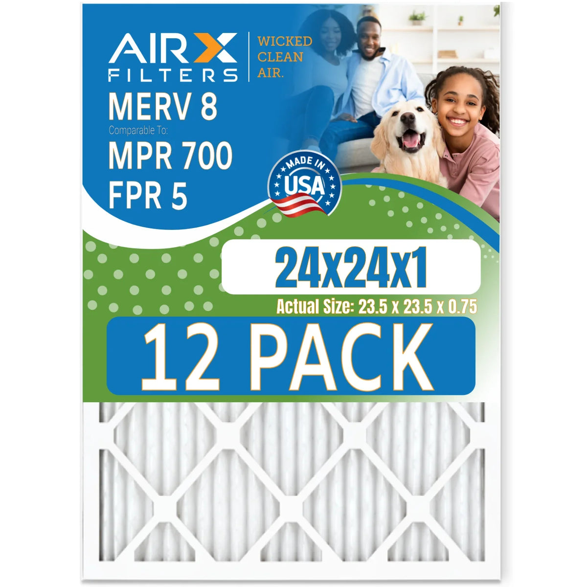 24x24x1 Air Filter MERV 8 Rating, 12 Pack of Furnace Filters Comparable to MPR 700 & FPR 5 - Made in by AIRX FILTERS WICKED CLEAN AIR.