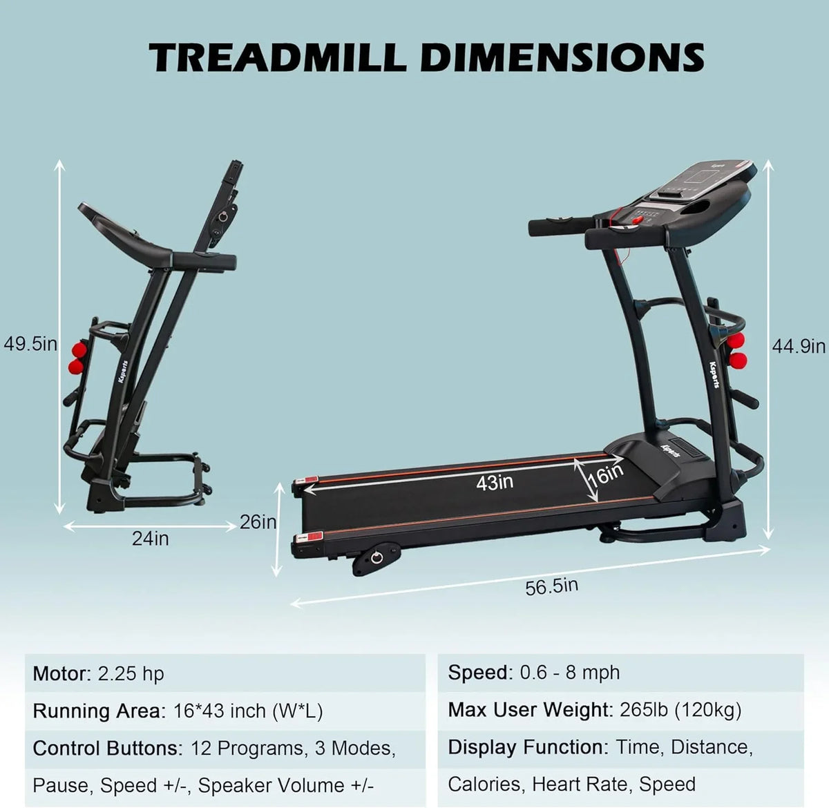 Foldable 16.5 Inch Fitness Portable Treadmill With Bluetooth Connectivity, LCD Display, And Tracking Apps For Home Gym Equipment, Black