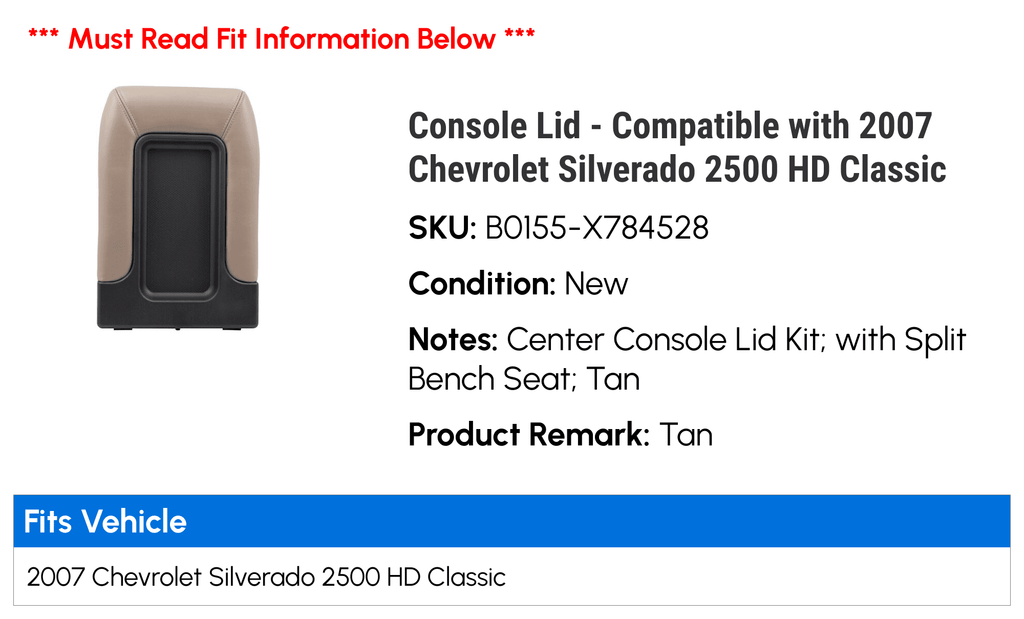 Console Lid - Compatible with 2007 Chevy Silverado 2500 HD Classic