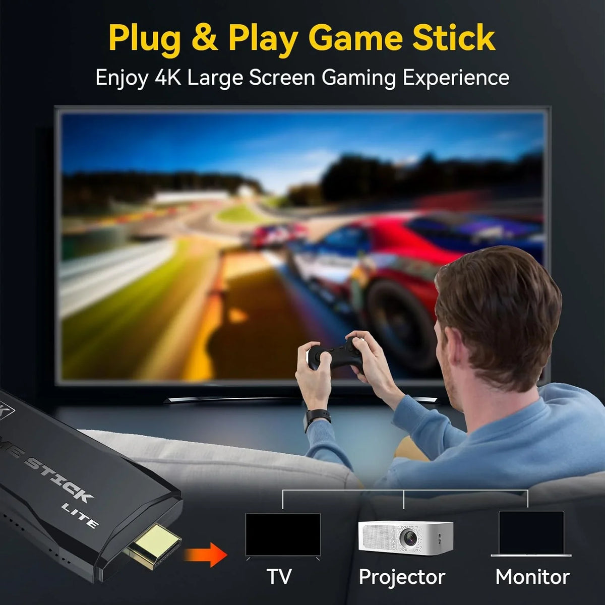 Retro Game Console Stick, 64G Nostalgia Game Stick with 20000+ Video Games, 9 Emulator Console Plug and Play for TV, Retro Play Compatible with Arcade/Maze, 4K HD Output, 2.4GHz Wireless Controllers