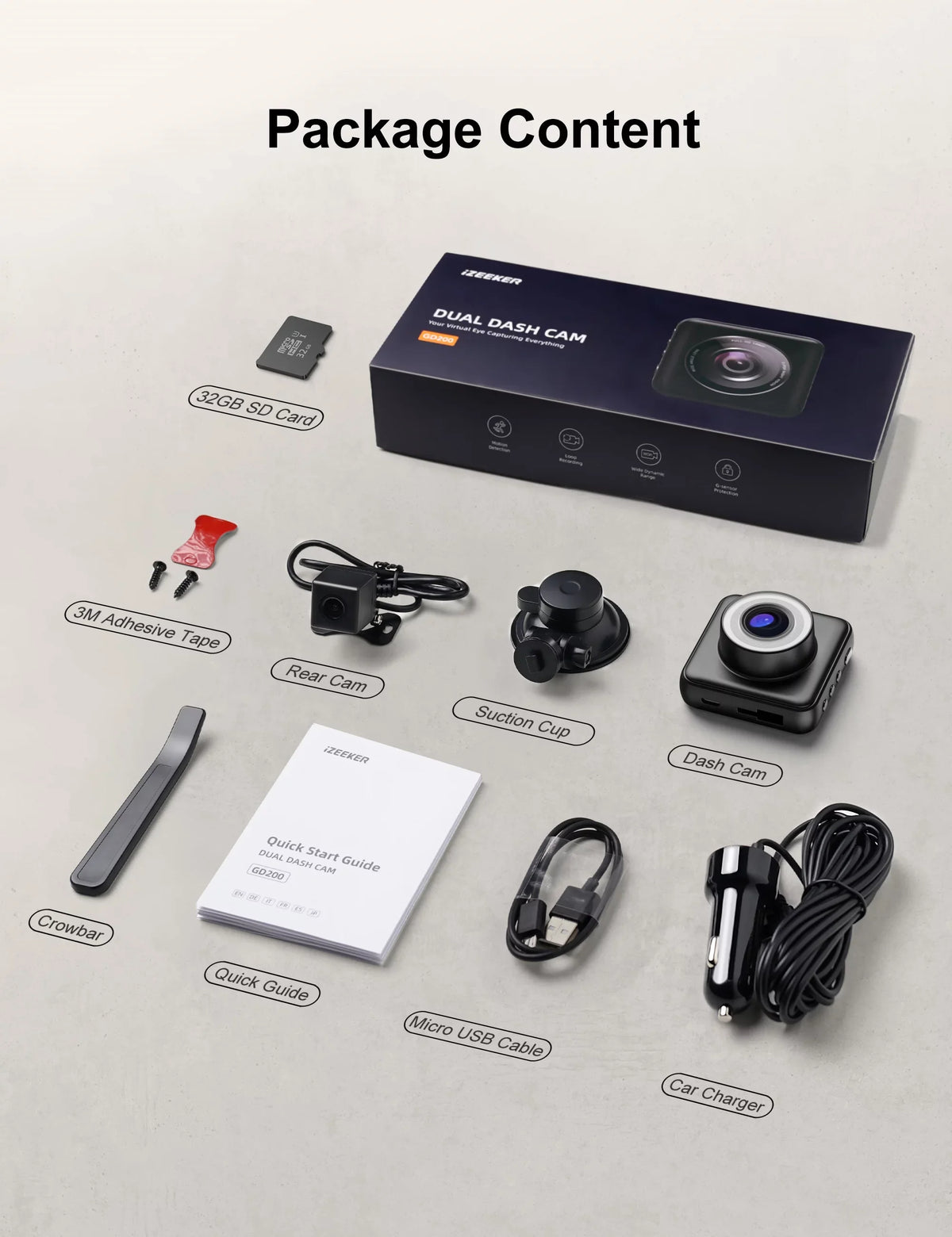 iZEEKER Dash Cam Front and Rear, 1080P FHD Dual Car Camera with SD Card, Dash Camera for Cars with Accident Recording, Parking Monitor, Night Vision, WDR