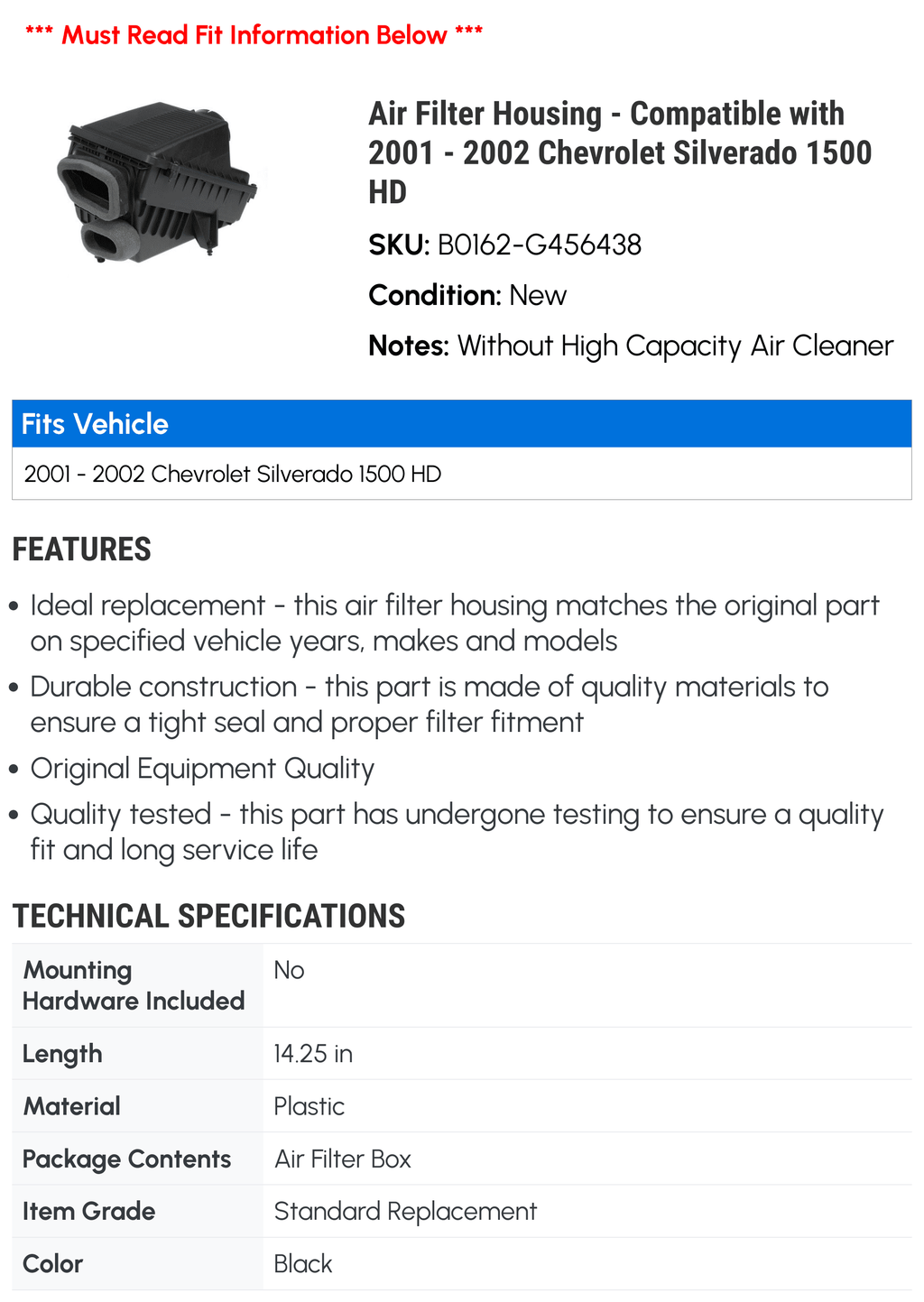 Air Filter Housing - Compatible with 2001 - 2002 Chevy Silverado 1500 HD
