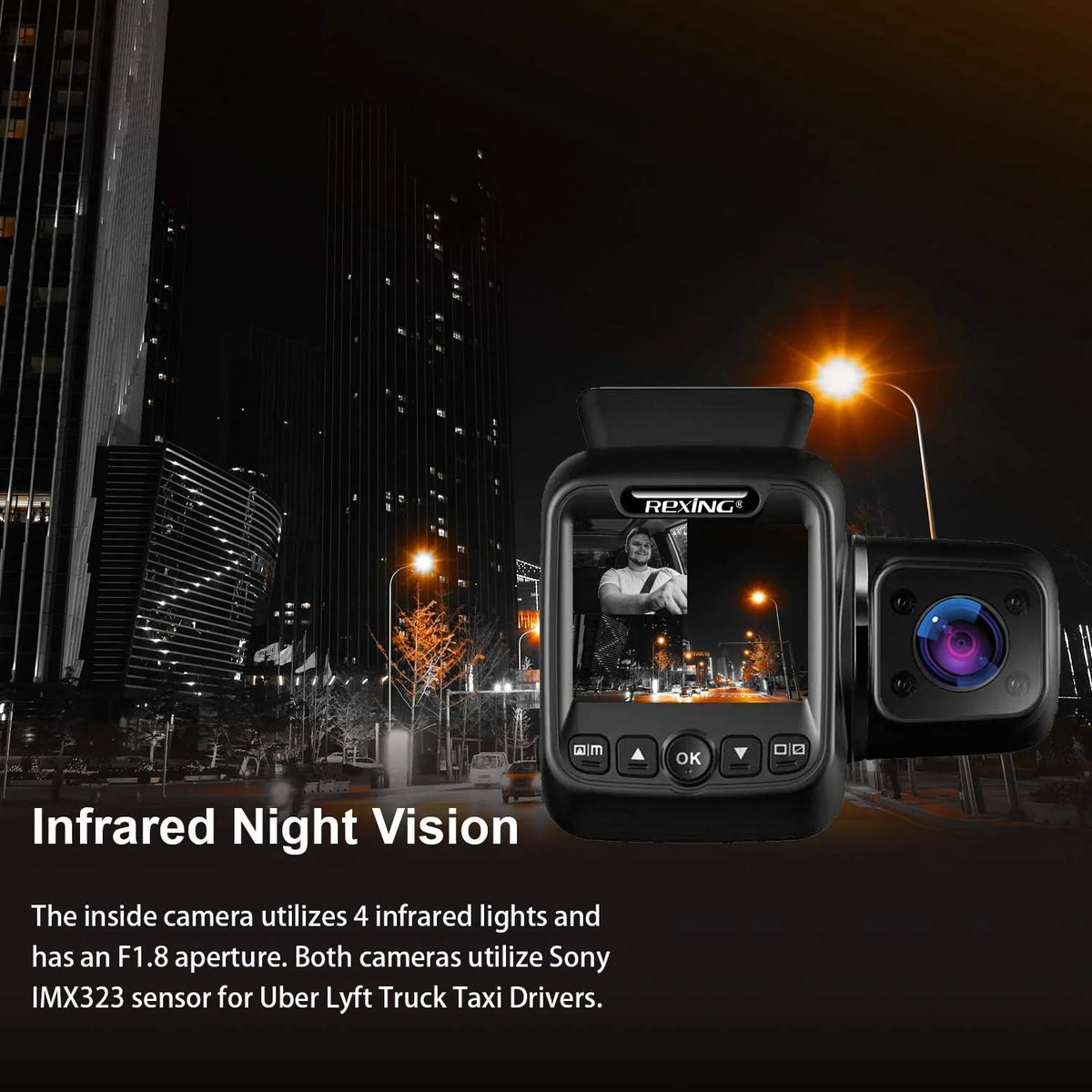 Open Box Rexing W202 Mini 2” LCD Dual Camera Front/Cabin 1080p Dash Cam 128GB Max - BLACK