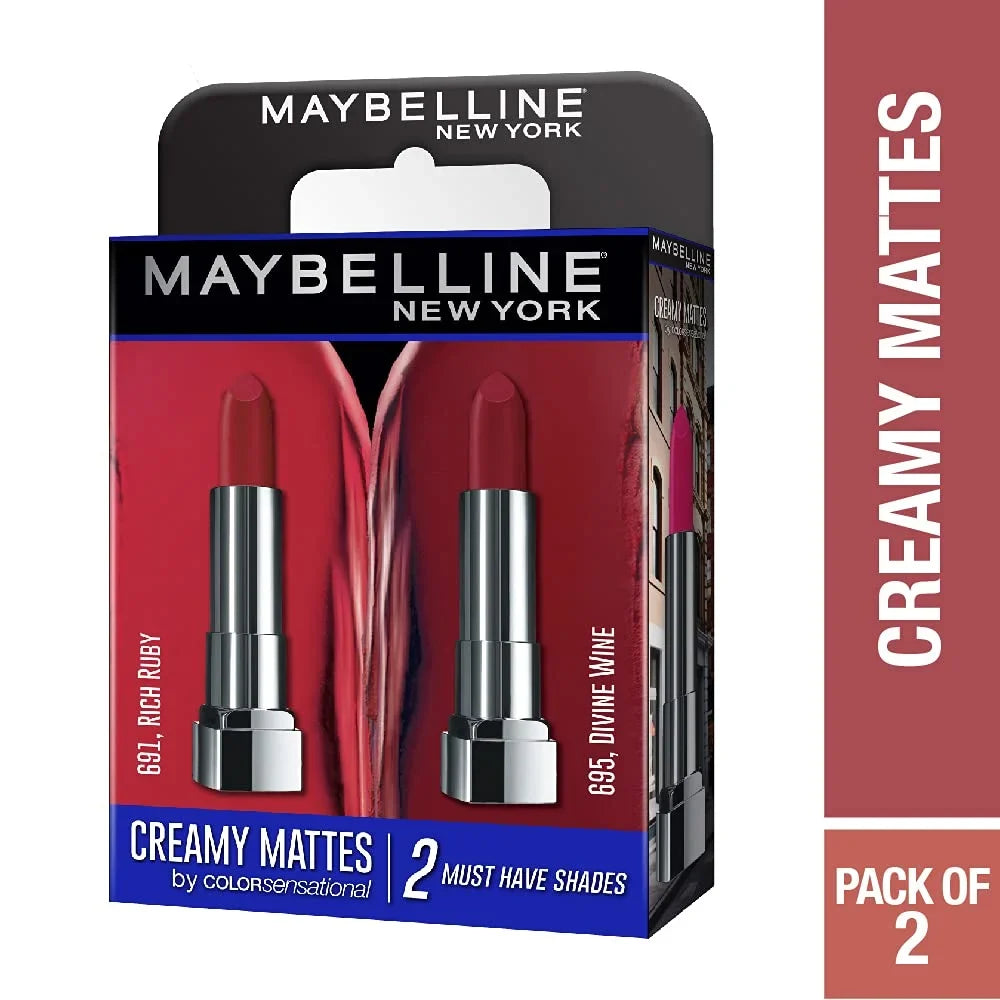Maybelline Creamy Matte Lipstick, Matte Finish, (Pack of 2) - Rich Ruby & Divine Wine