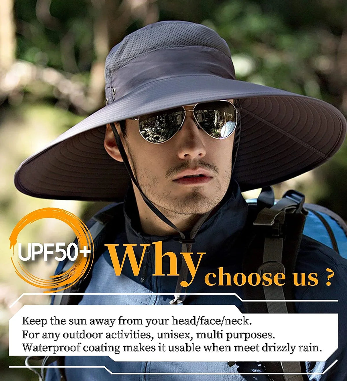 HLLMAN Super Wide Brim Sun Hat-UPF 50+ Protection,Waterproof Bucket Hat for Fishing, Hiking, Camping,Breathable Nylon & Mesh