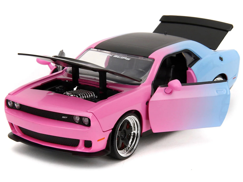2015 Dodge Challenger SRT Hellcat Pink and Blue Gradient with Matt Black Hood and Top "Pink Slips" Series 1/24 Diecast Model Car by Jada