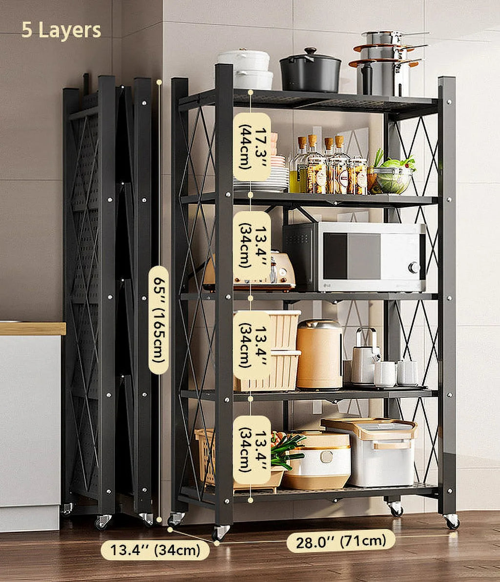 Joybos® 5 Tier Black Heavy Duty Foldable Metal Organizer Shelves with Wheels