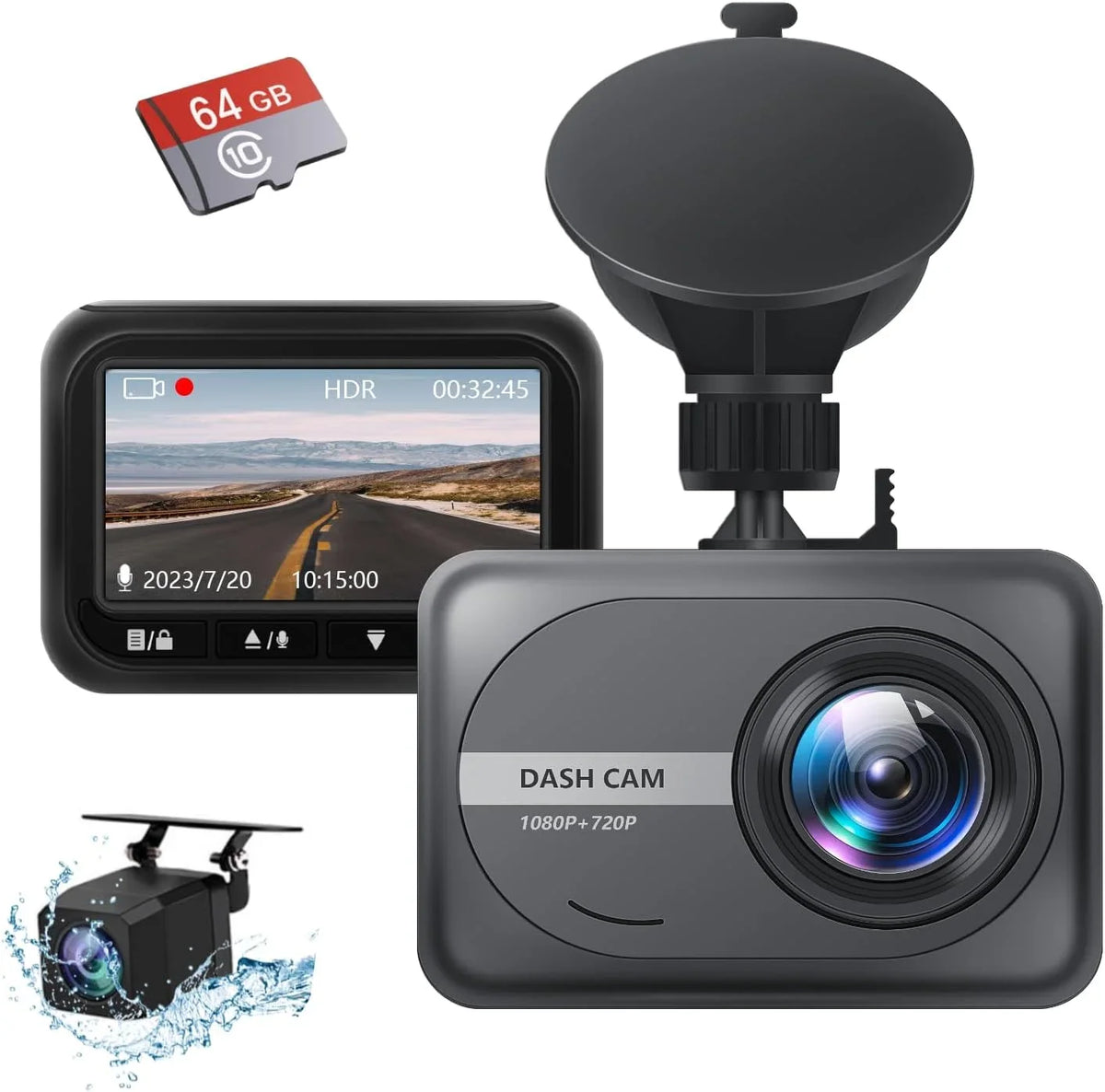 Dash Cam Front and Rear, 1080P Full HD Dash Camera for Cars, 64G SD , 2.45 inch IPS Screen, Night Vision, WDR, 2