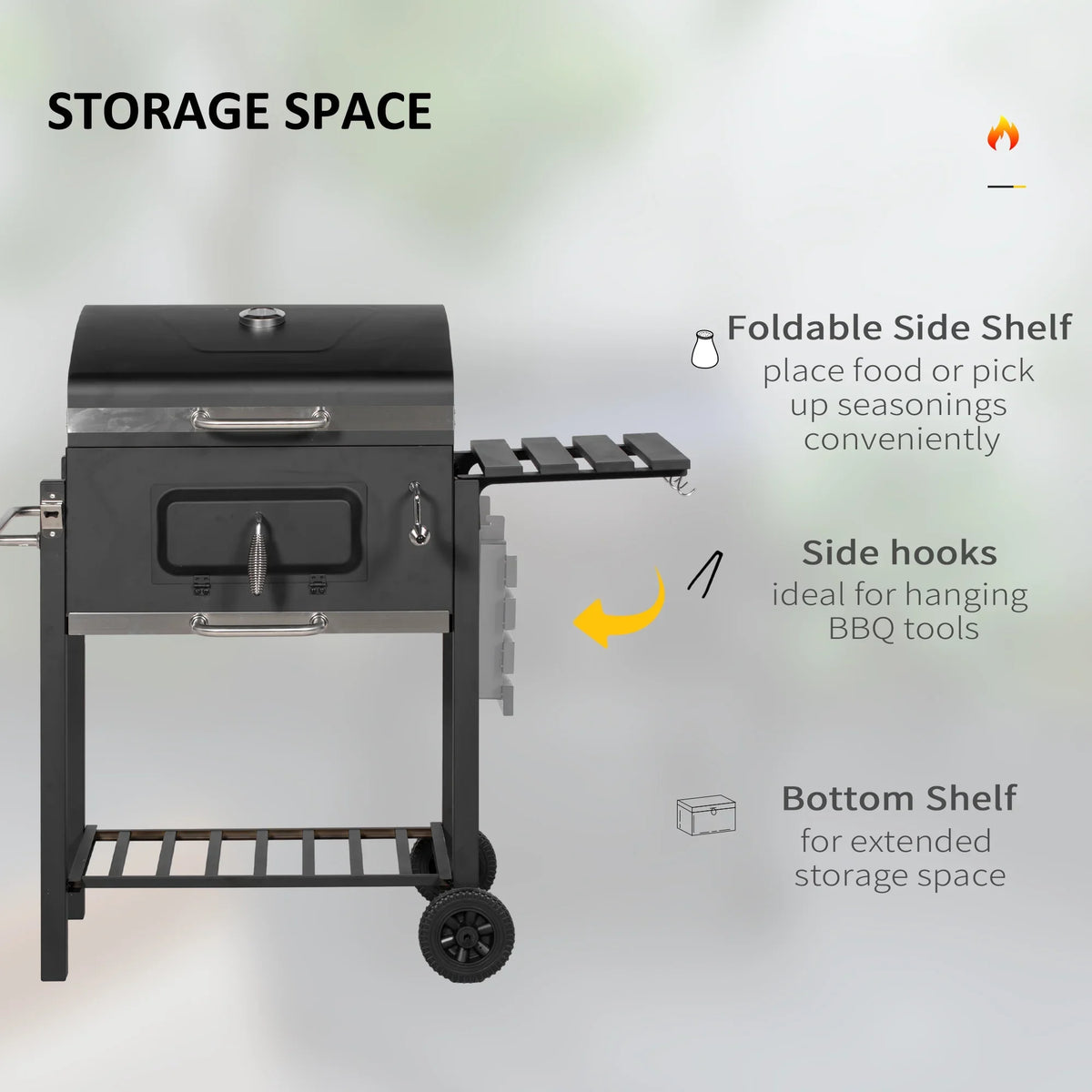 Homiyad Charcoal BBQ Grill, Outdoor Portable Cooker for Camping Or Backyard Picnic with Side Table, Bottom Storage Shelf, Wheels and Handle, Black