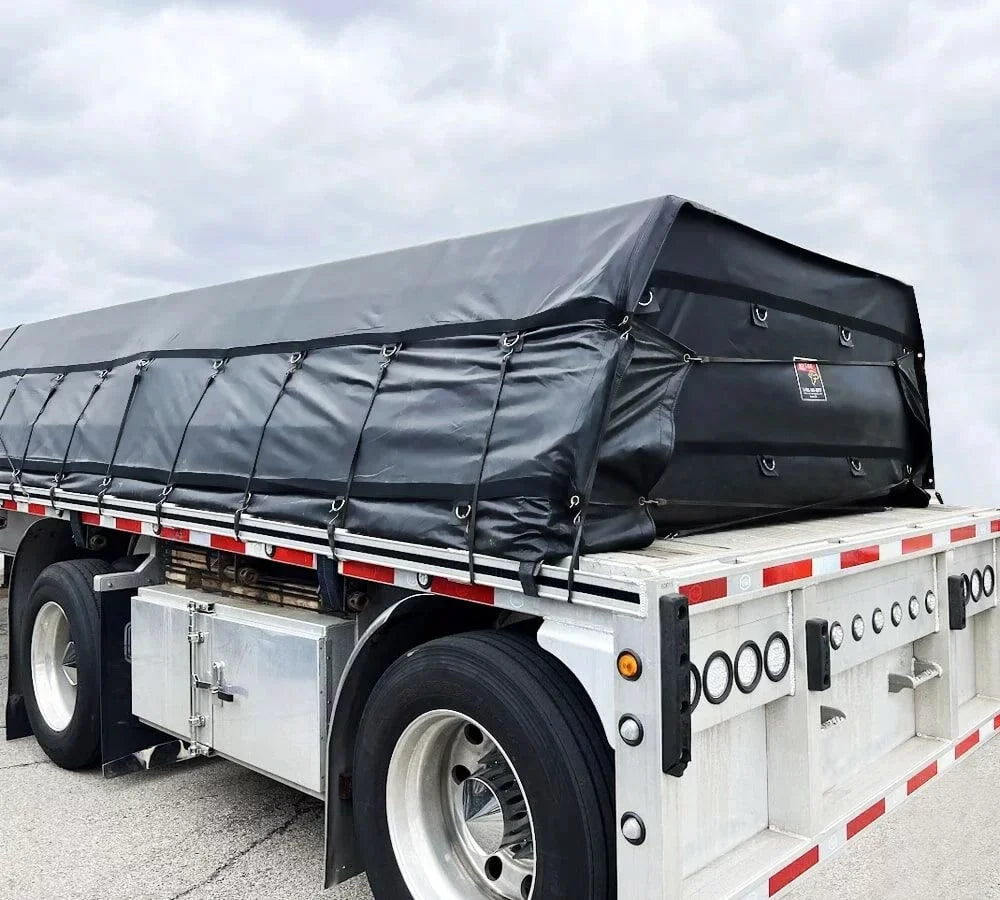 24' x 18' 3 Piece Red/Black Lumber Tarp for Heavy Duty Truck Cargo - 18 Oz Vinly Flatbed Tarps with 8' Drop - Waterproof Tarp for Trailers to Protect Cargo from Wind, Rain, Snow and Sun