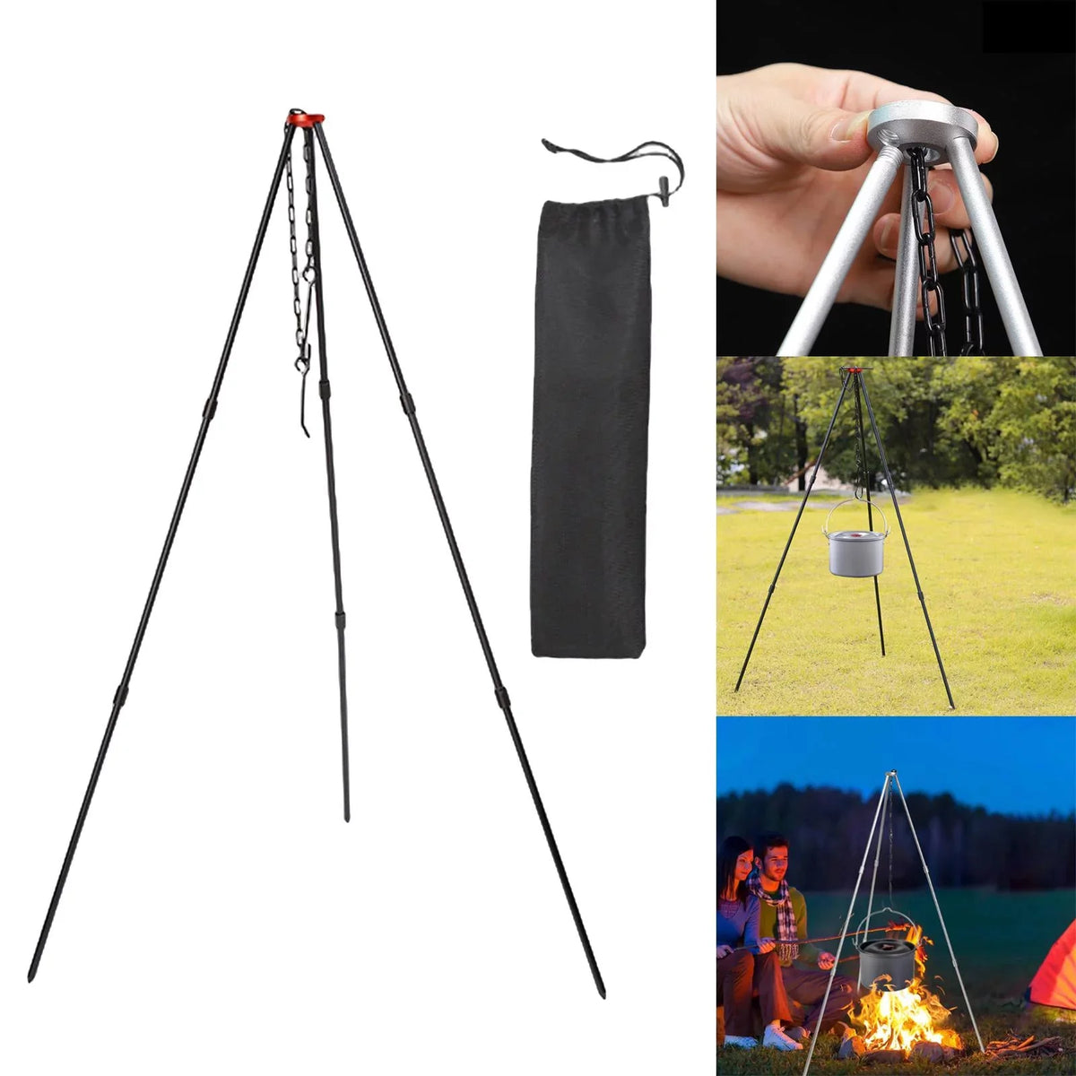 Camping Tripod, Portable Outdoor Cooking Tripod with Adjustable Campfire Picnic ing Pot Grill Stand Aluminum Cookware Accessory , Black