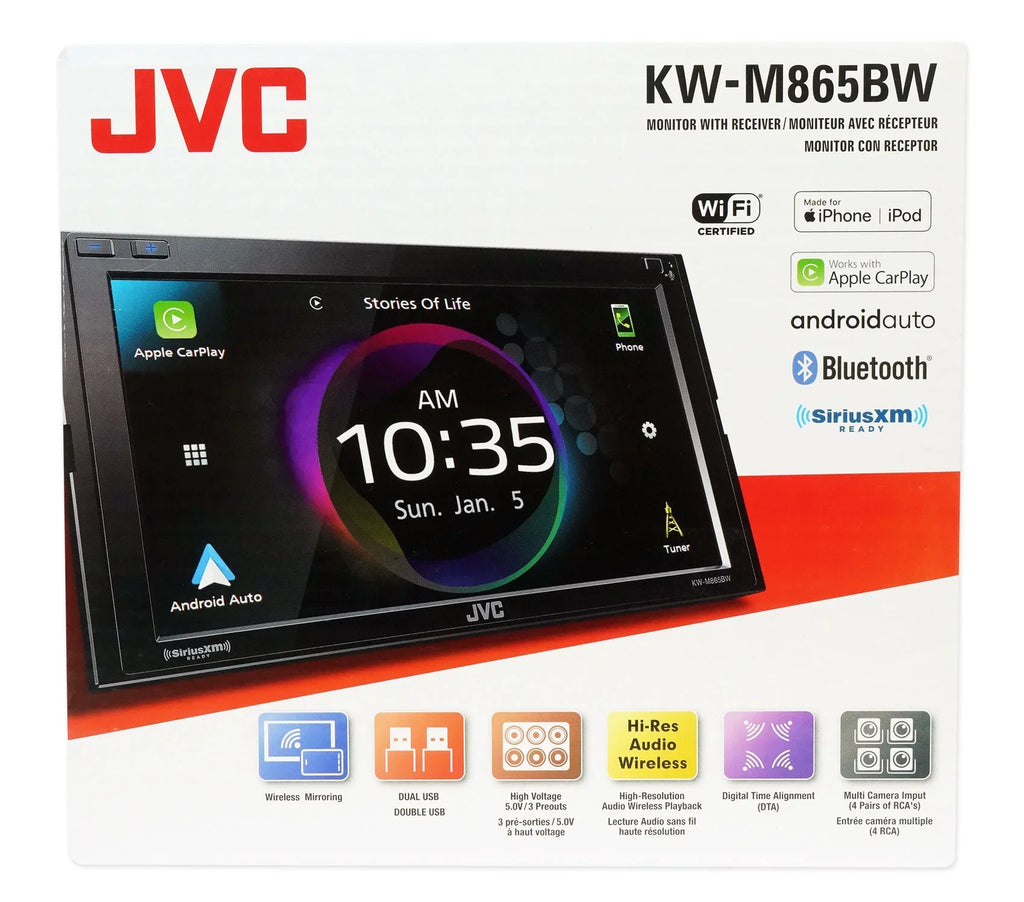 JVC Mobile KW-M865BW 6.8-inch Double-Din in-Dash All-Digital Media Receiver with Bluetooth, Apple Carplay, Android Auto, and Siriusxm Ready