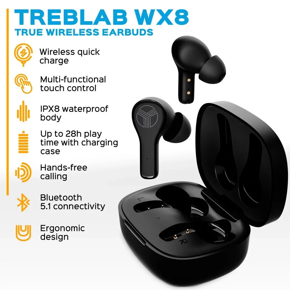 TREBLAB WX8 - True Wireless Earbuds, IPX8 Waterproof Earbuds with up 28H of Play Time, Bluetooth 5.1, Touch Control and Noise Isolation, Includes Charging Case w/Wireless Charging, USB-C Port, Black