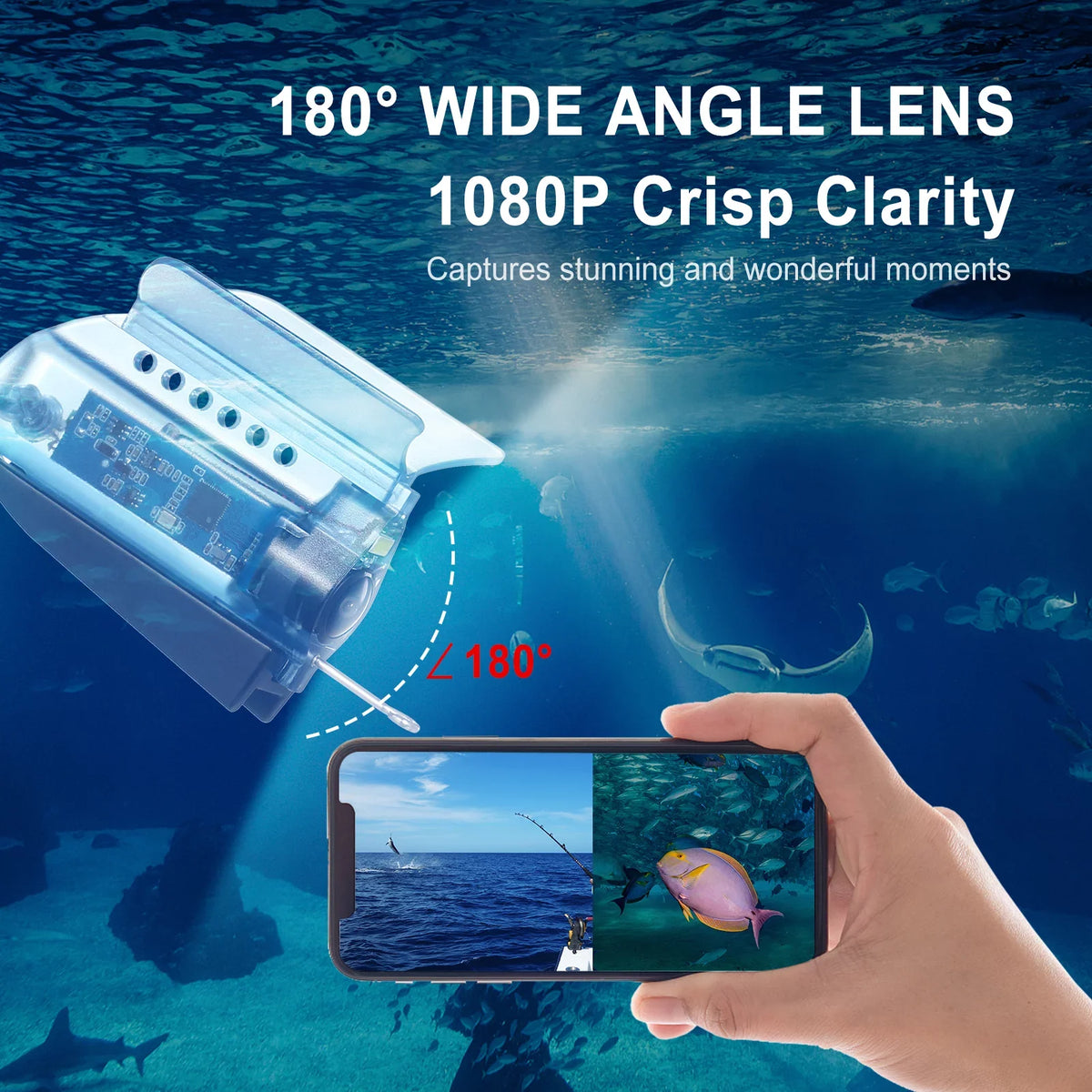 Carevas 1080P Underwater Fishing Camera with APP Control Fishing Live Video Camera Fish Finder with 50M Cable Mobile Phone Holder Bait Cage Carry Case for Ice Lake Sea Ship Kayak Fishing