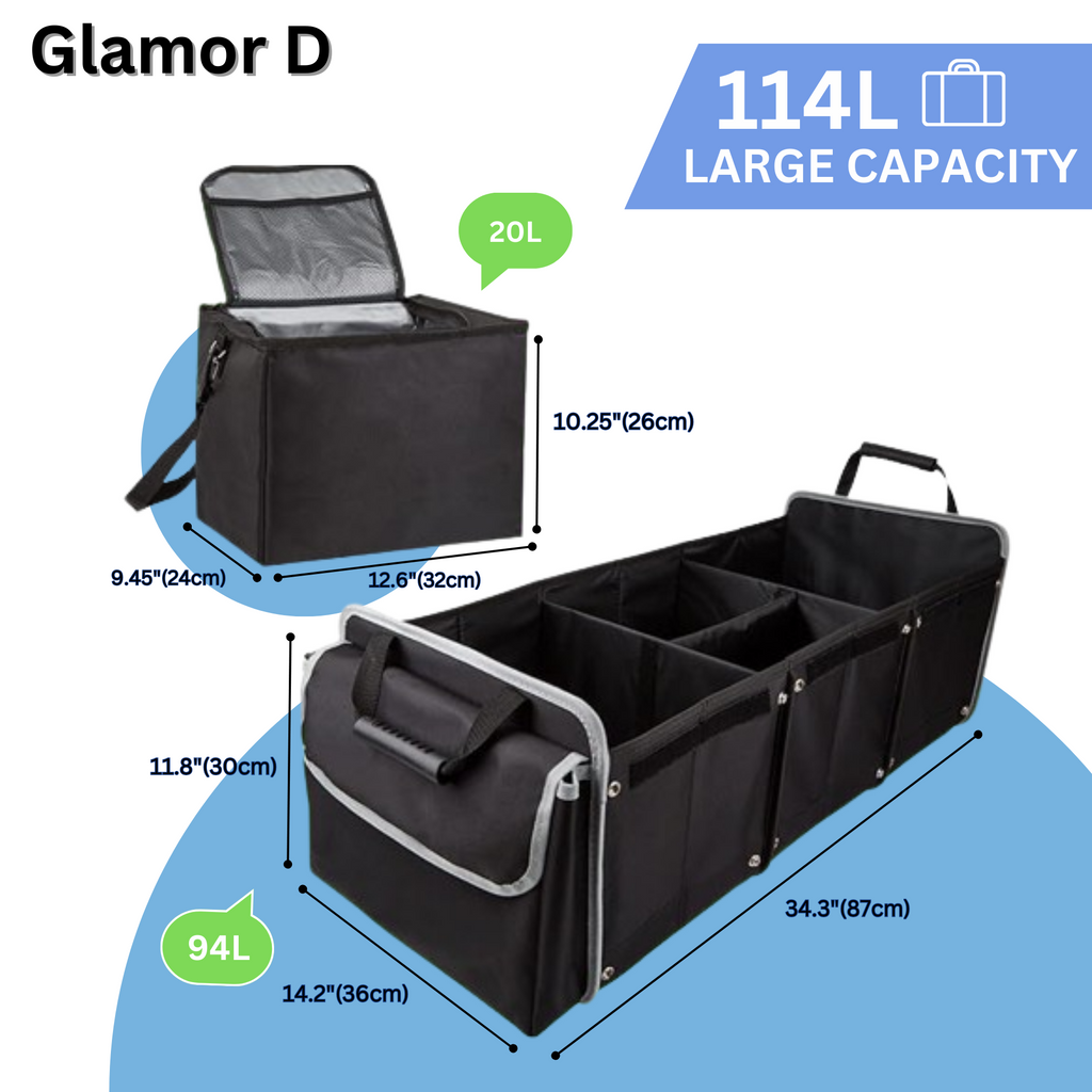 Glamor D Collapsible Trunk Organizer with Insulated Leak-proof Cooler Bag - 5-in-1 Car & SUV Cargo Storage Solution with Foldable Lid, Removable Dividers, and 2 Tie-Down Straps - Black