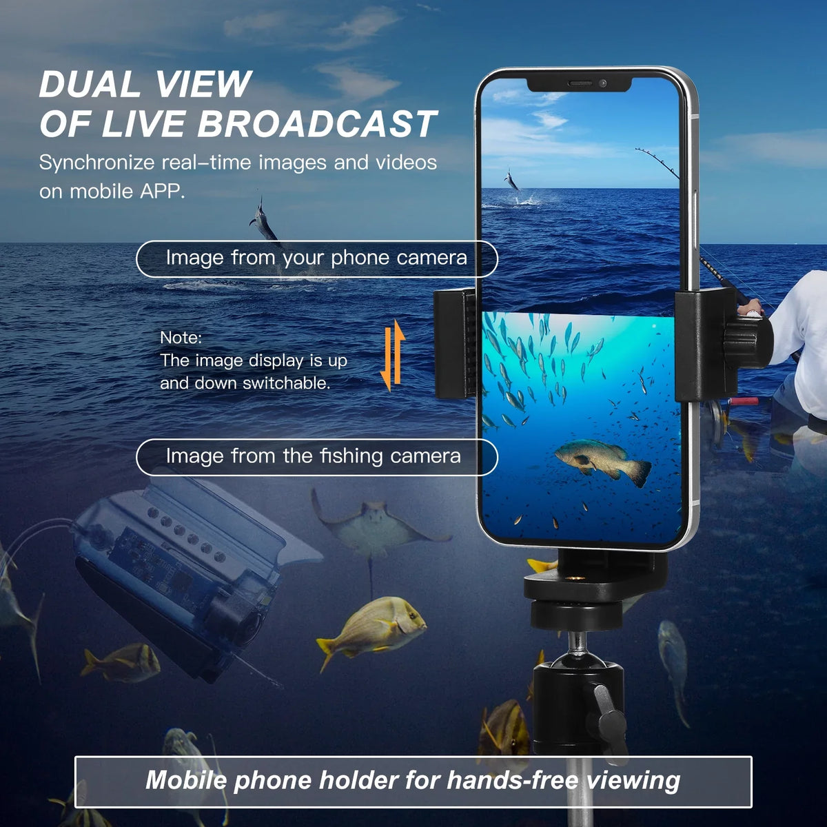 Carevas 1080P Underwater Fishing Camera with APP Control Fishing Live Video Camera Fish Finder with 50M Cable Mobile Phone Holder Bait Cage Carry Case for Ice Lake Sea Ship Kayak Fishing