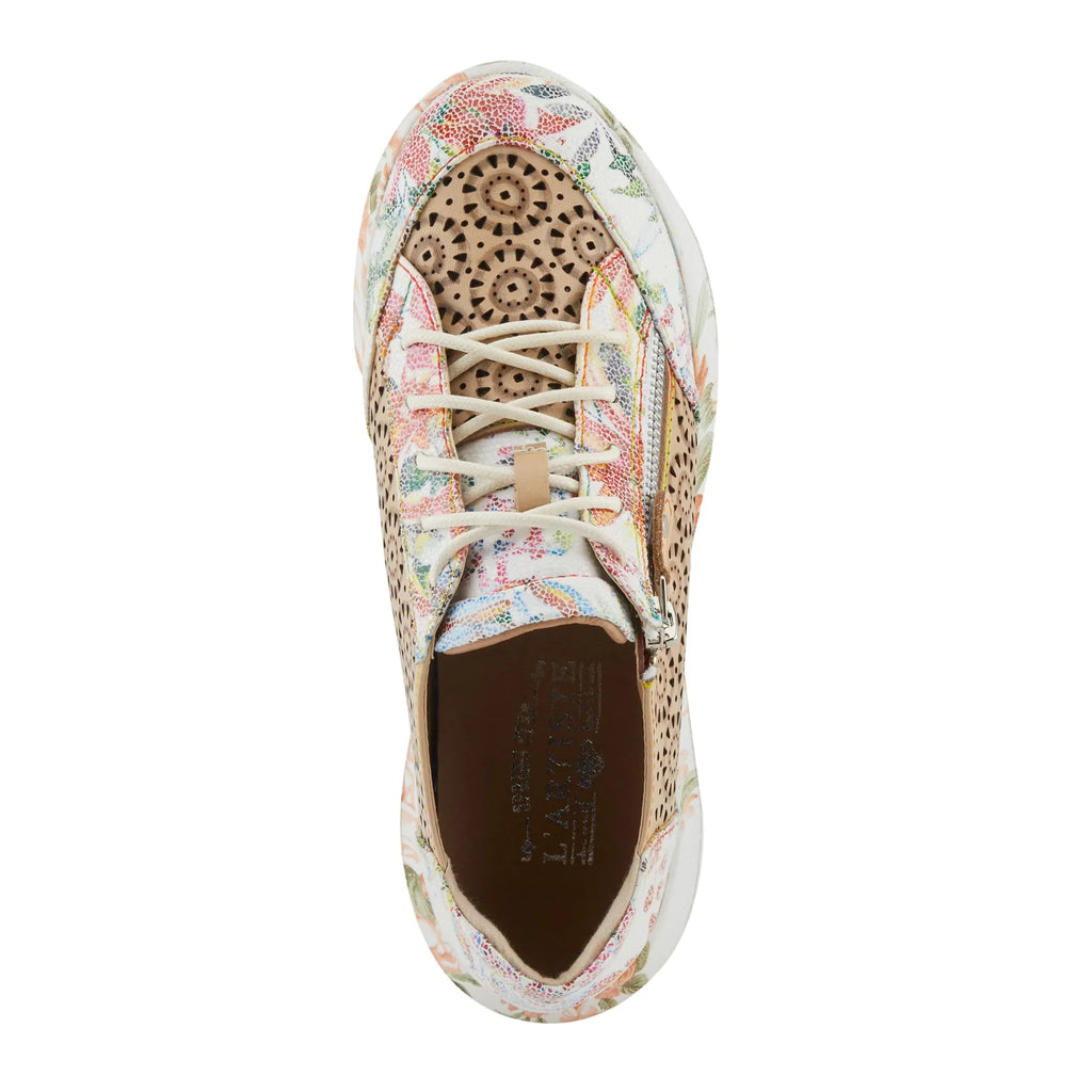 L'Artiste Women's Jazzie Lace-Up Fashion Sneaker with Flowers Beige Multi EU 39/8.5