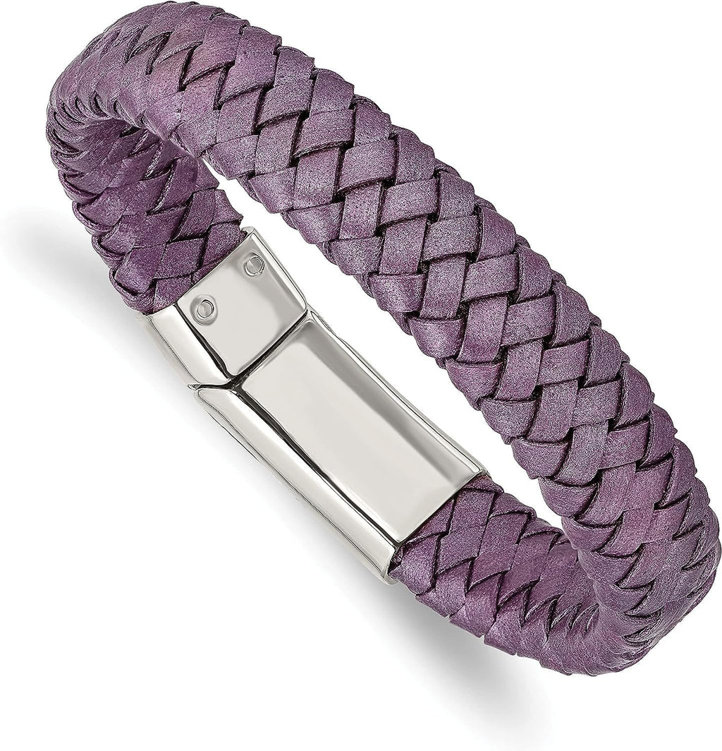 Chisel Stainless Steel Polished Metallic Purple Braided Leather - 7.5"