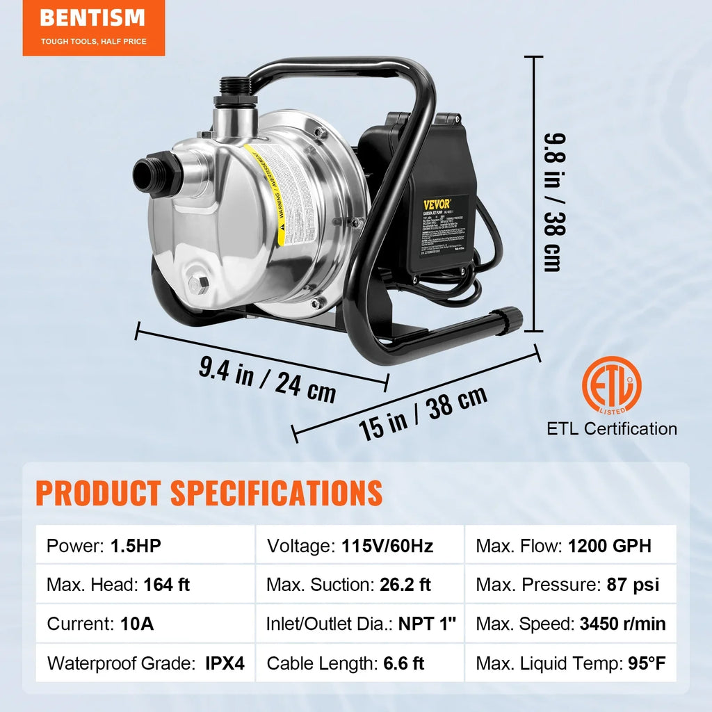 BENTISMShallowWell Pump, 1.5 HP 115V, 1200 GPH 164 ft Height, 87 psi Max Pressure, Portable Stainless Steel Sprinkler Booster Jet Pumps for Garden Lawn Irrigation system, Lake Fountain, WaterTransfer