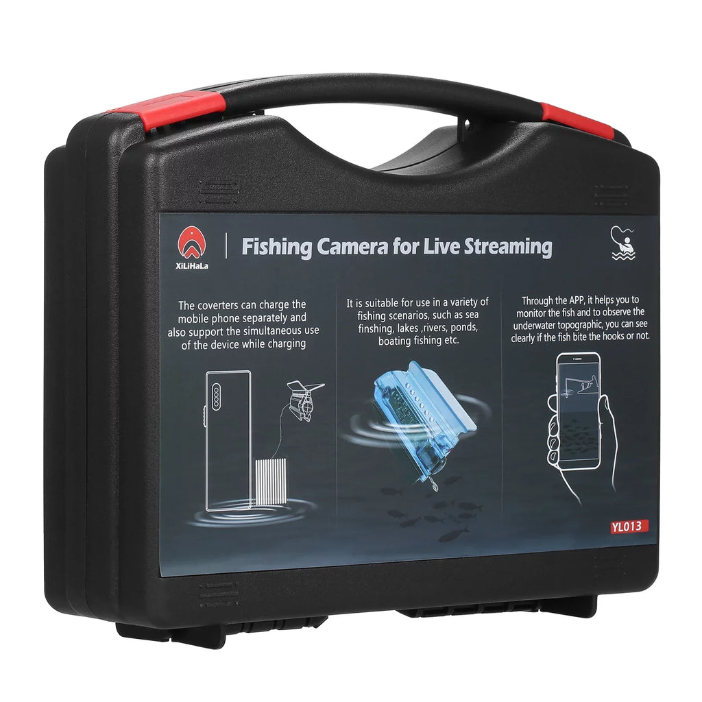Carevas 1080P Underwater Fishing Camera with APP Control Fishing Live Video Camera Fish Finder with 50M Cable Mobile Phone Holder Bait Cage Carry Case for Ice Lake Sea Ship Kayak Fishing
