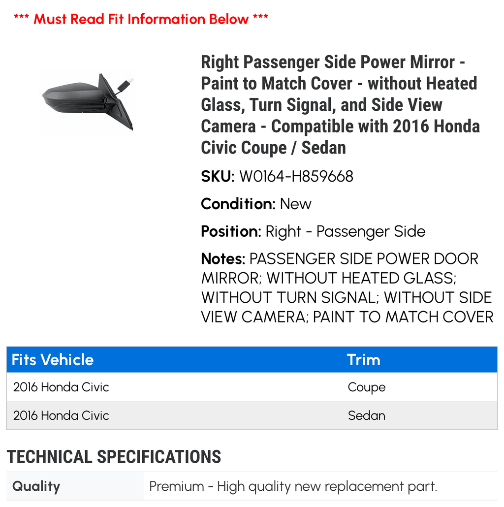 Right Passenger Side Power Mirror - Paint to Match Shield - without Heated Glass, Turn Signal, and Side View Camera - Compatible with 2016 Honda Civic Coupe / Sedan
