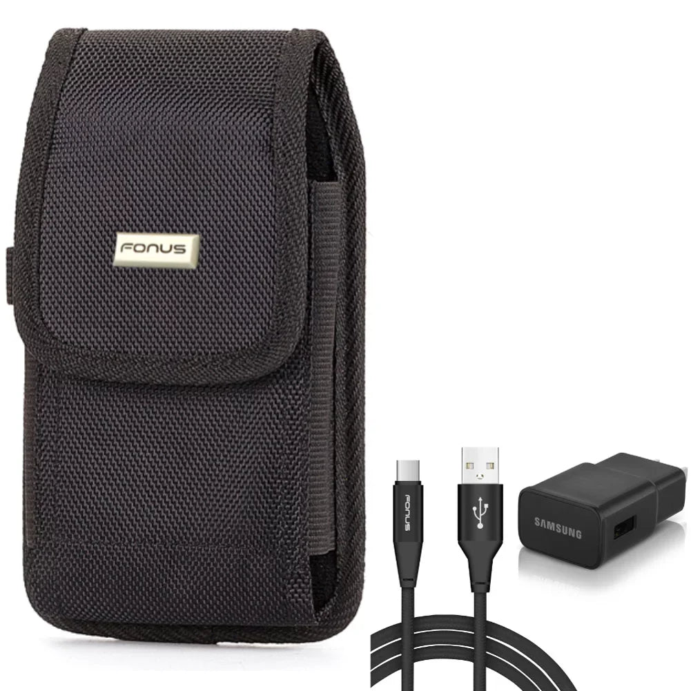 Holster Rugged Case Belt Clip w 6ft USB Cable Type-C Fast Home Charger for Xiaomi Redmi Note 7 10 Pro, Mi 9T - ZTE Blade Z Max X1 5G 10, Axon 10 Pro, 11 Prime 2S