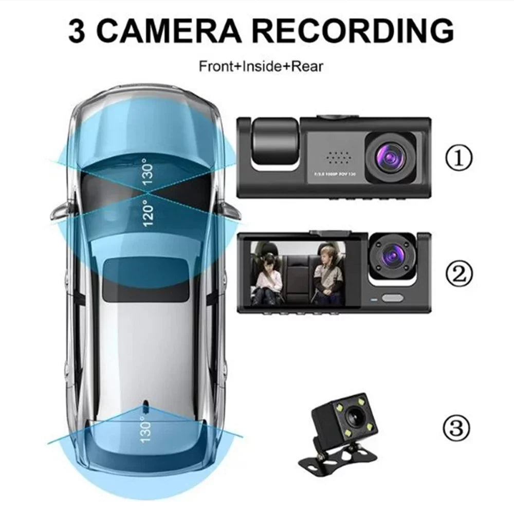 ALLTIMES 1080HD Car Dash Cam Recorder, 3 in 1 Cameras Front Interior Rear 2" HD IPS Display Screen, G-Sensor, Motion Detection, Loop Recording, with Car Charger and Video Cable