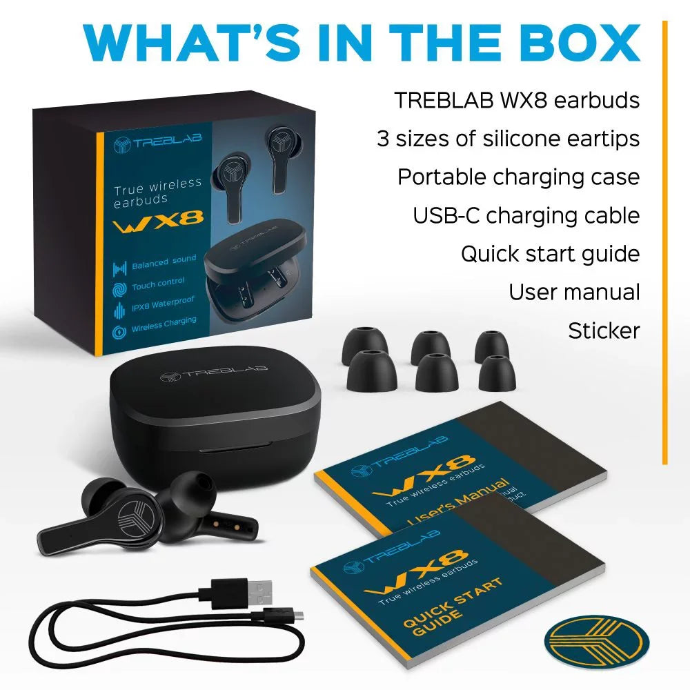 TREBLAB WX8 - True Wireless Earbuds, IPX8 Waterproof Earbuds with up 28H of Play Time, Bluetooth 5.1, Touch Control and Noise Isolation, Includes Charging Case w/Wireless Charging, USB-C Port, Black