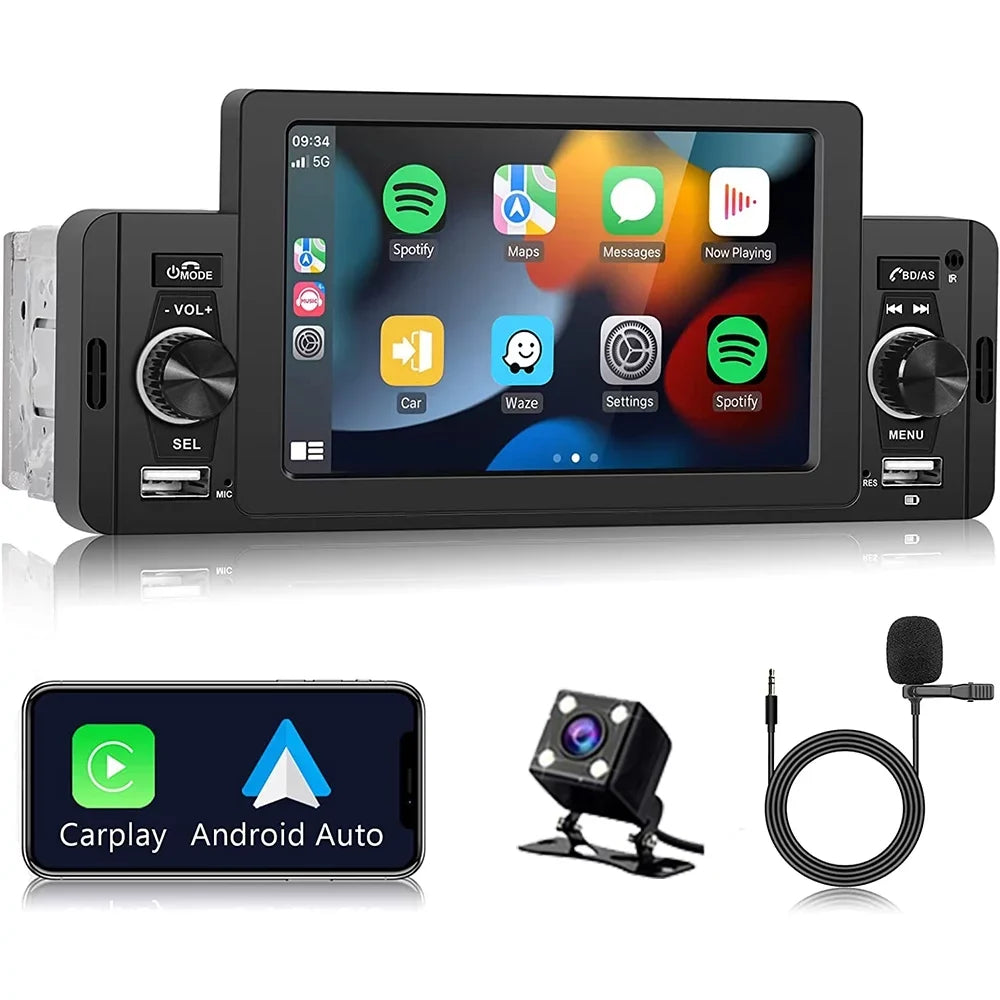 Podofo Single 1 Din 5'' Touch Screen Car Stereo Radio with Apple Carplay Android Auto Mirror Link HD Car MP5 Multimedia Player Bluetooth USB FM Audio Receiver USB, Backup Camera Included