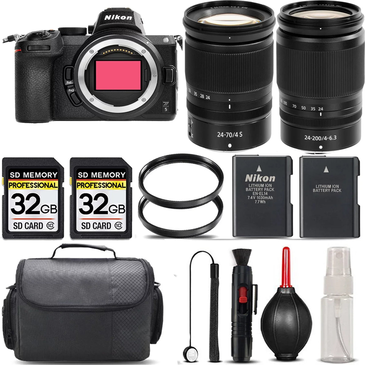 Nikon Z5 Mirrorless with 24-200mm f/4-6.3 VR Lens + 24-70mm f/4 S Lens + 64GB Storage + UV Filter + Backup Battery + Case + Cleaning Kit - International Version