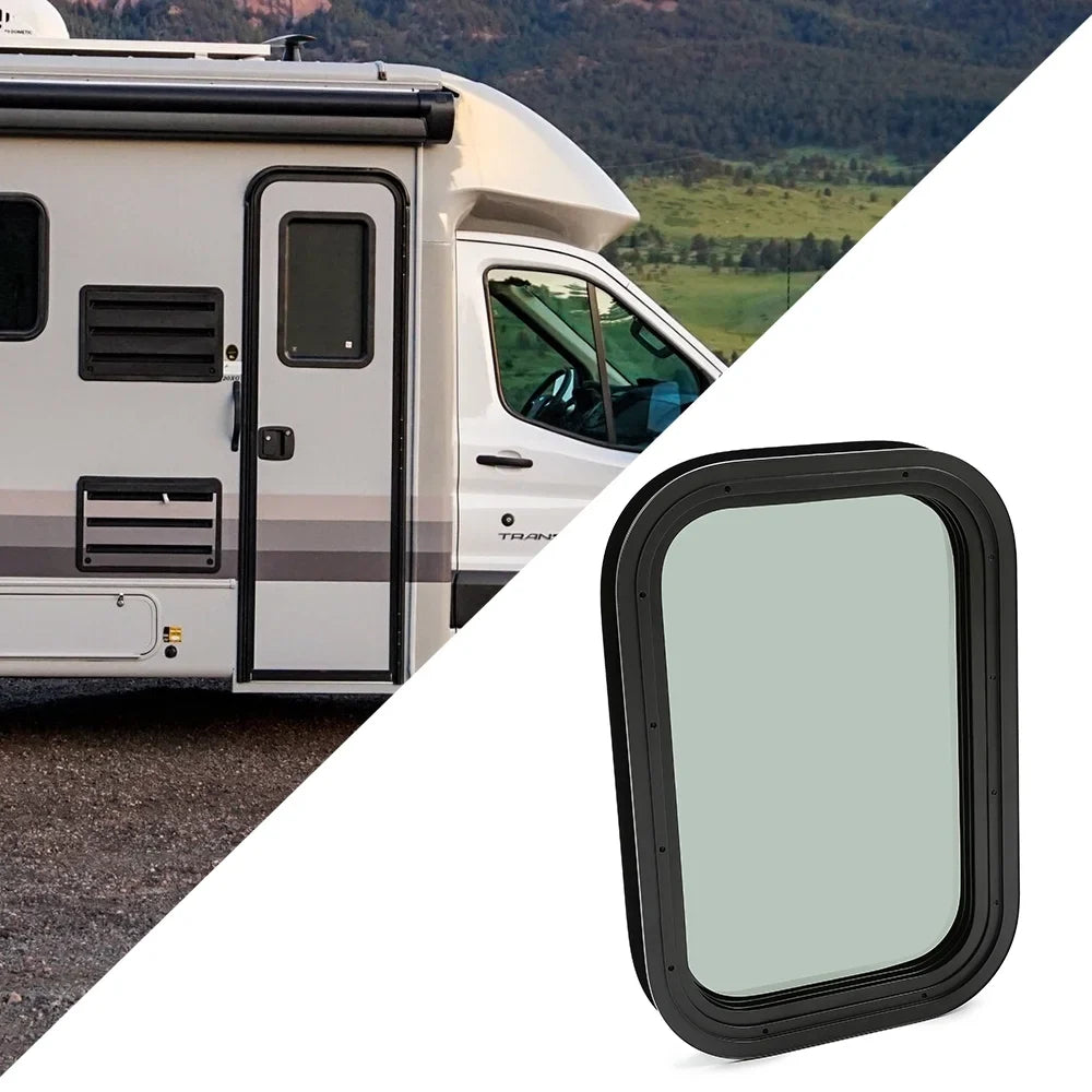 Kojem RV Window Black Universal for Camper Vertical Trailer Rip-Up Cargo Powder Coated Glass Steel