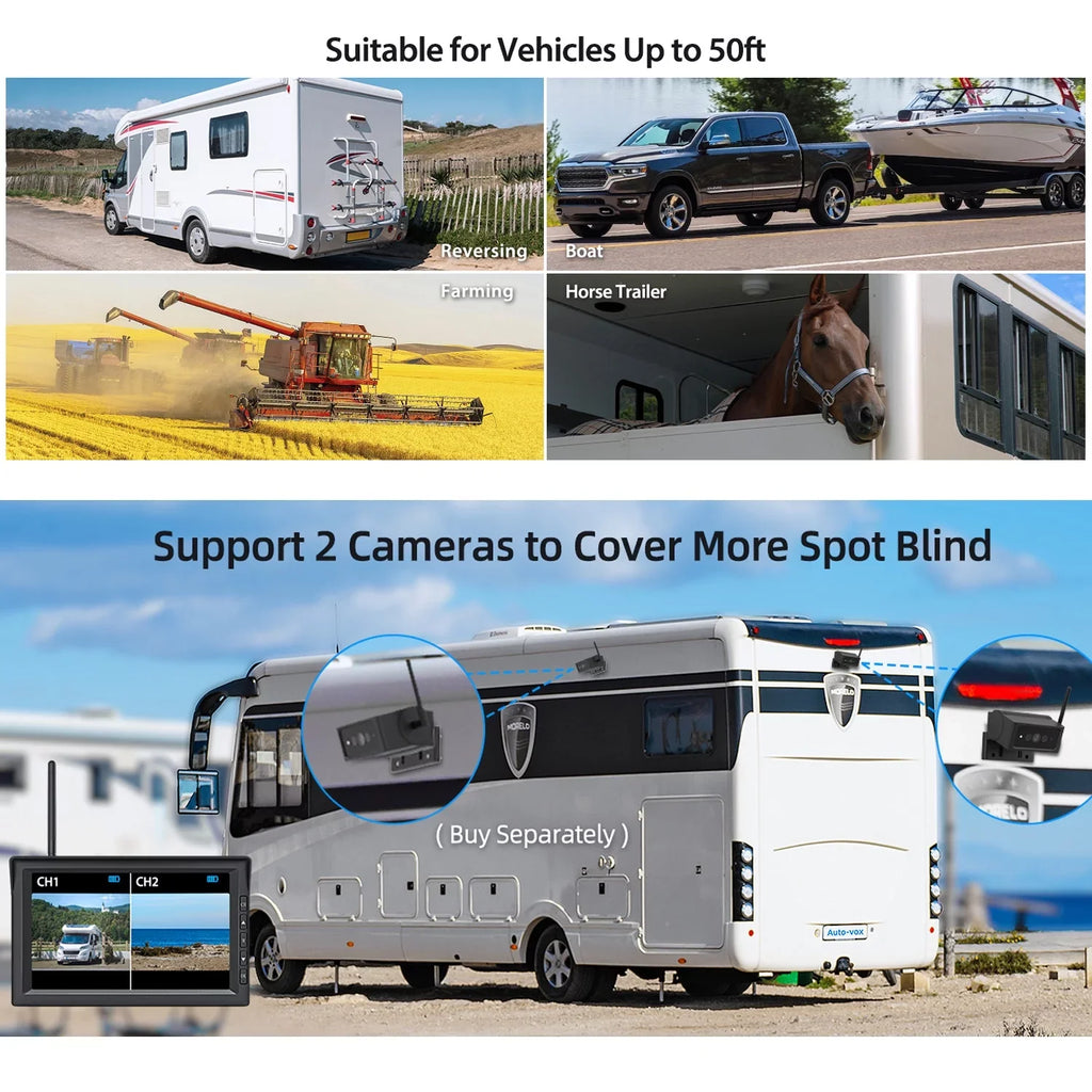Auto-Vox Solar Wireless Backup Camera for Trucks, RV Wireless Security Back Up Camera Systems with 7'' Monitor 2 Channel Camera HD Reverse Trailer Camera(Solar4)