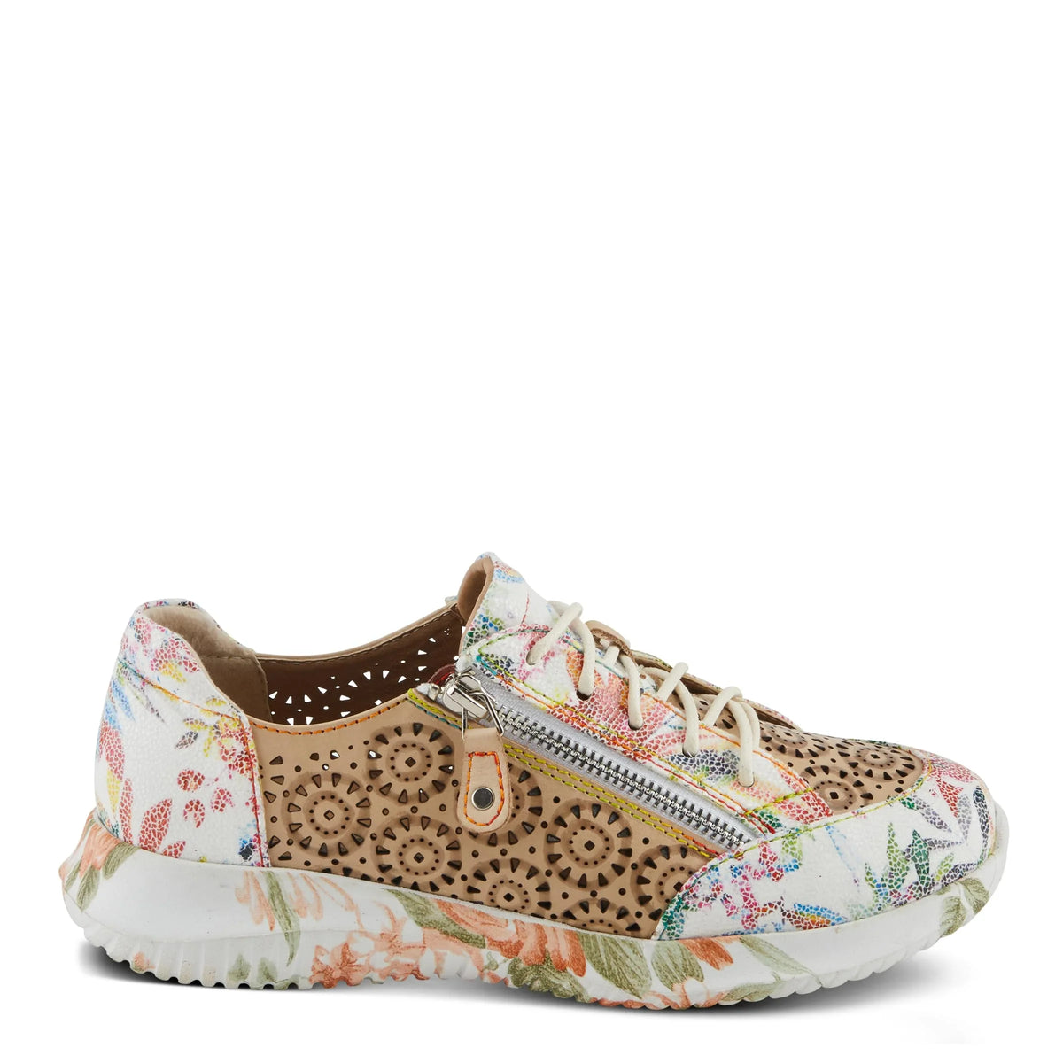 L'Artiste Women's Jazzie Lace-Up Fashion Sneaker with Flowers Beige Multi EU 39/8.5
