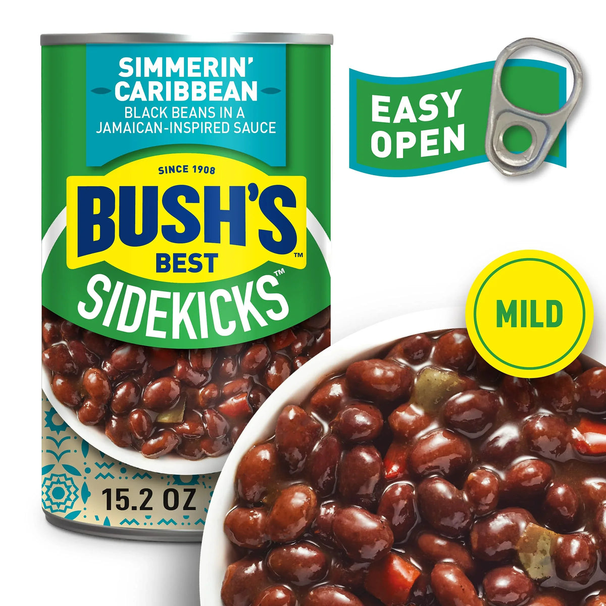 Bush,S Best 15.2 Oz Canned Black Beans Simmerin, Caribbean Sidekicks, Source Of Plant Based Protein And Fiber, Low Fat, Gluten Free, (Pack Of 12)