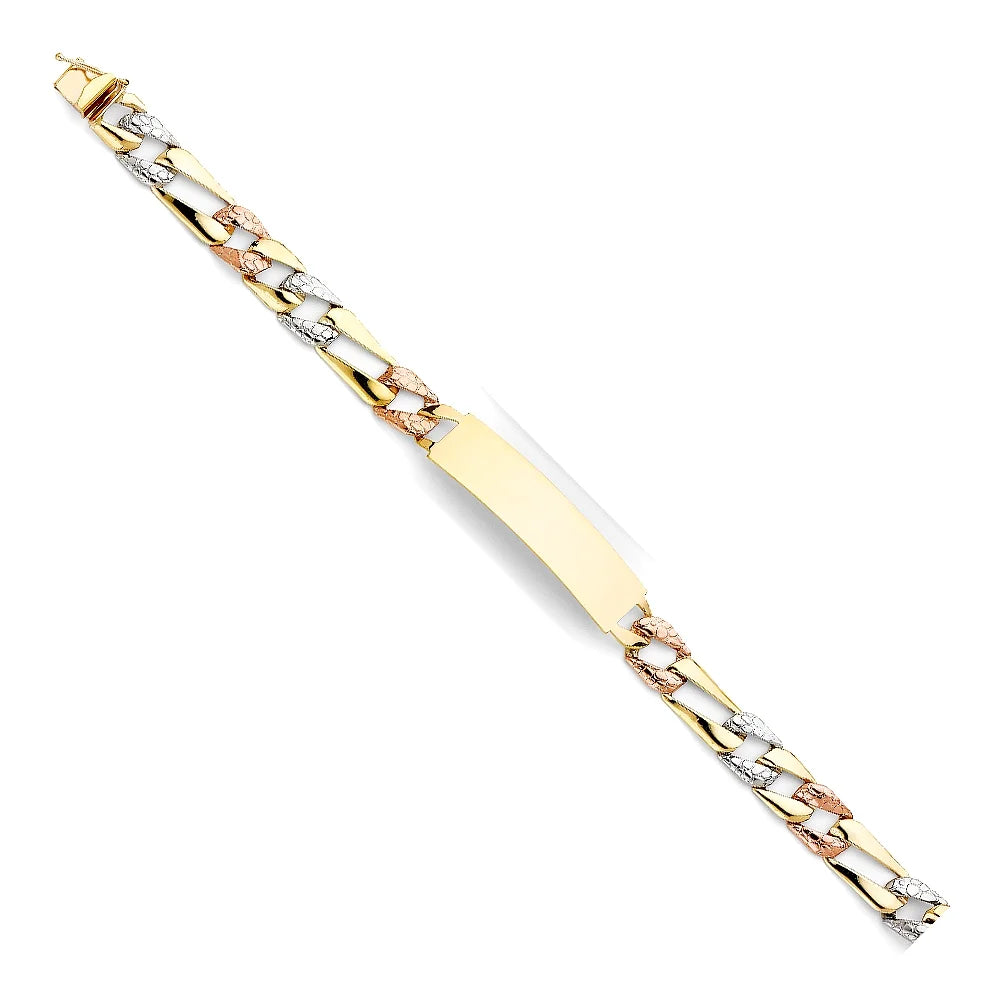 14k Tri Color Gold Stamp Figaro Link ID - 8" | Elegant 14KY Gold Chain s for Women and Men| Weight 13.5 | Men’s Jewelry for Gift
