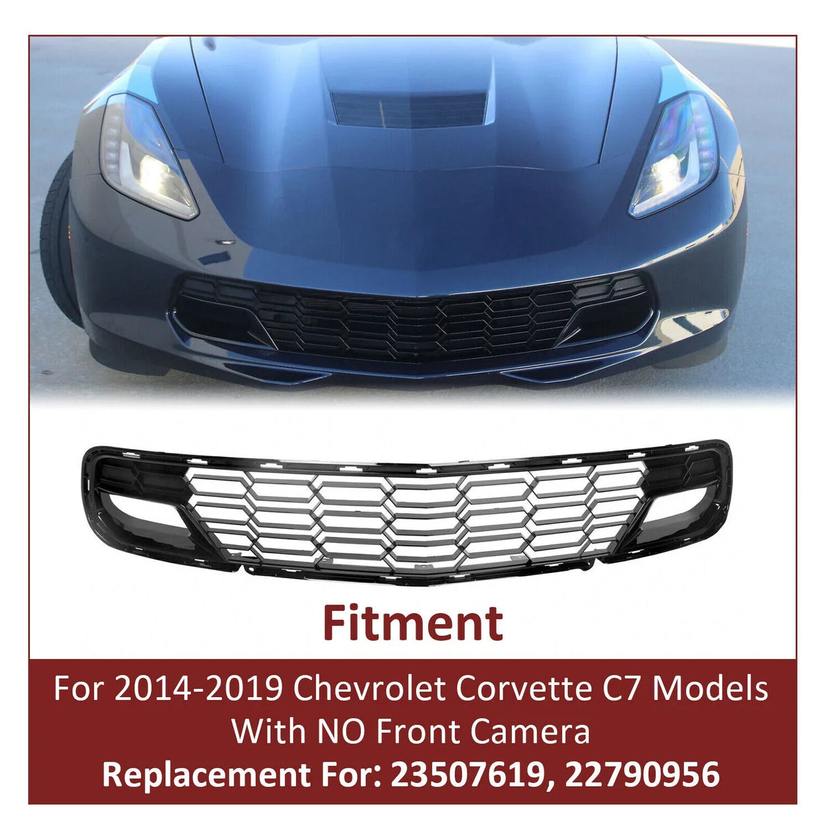 Kojem Front Lower Grille for 2014-2019 Chevrolet Corvette C7 All Models Z06 Style Bumper Wrap Painted Glossy Black Plastic (W/O Front Camera Bracket)