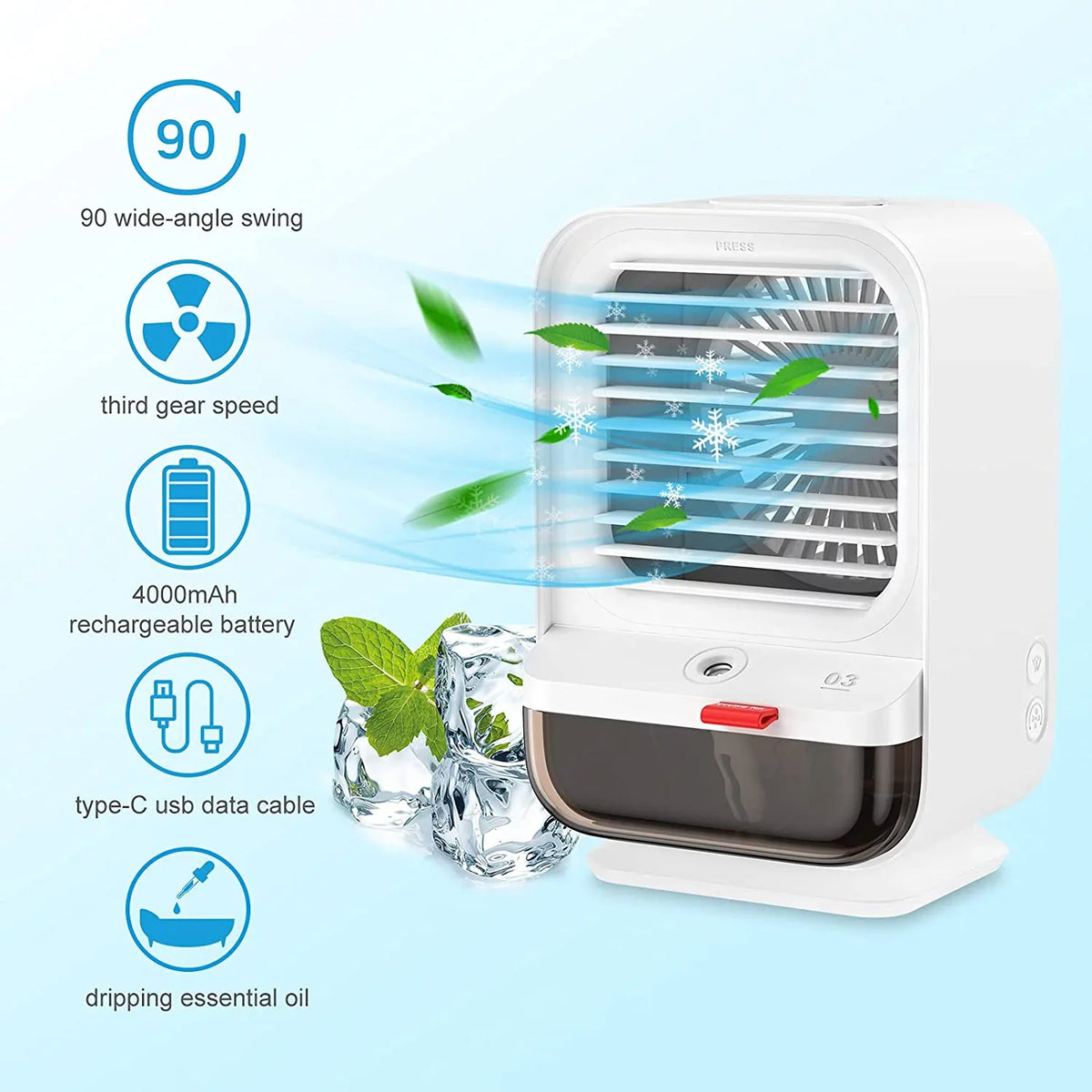 Sholov Portable Air Conditioner Fan Mini Personal Evaporative Air Cooler 90 Shaking Head with Battery with 3 Speeds & 2 Misting & LED Light for Home, Bedroom, Travel & Office, USB Charging, White