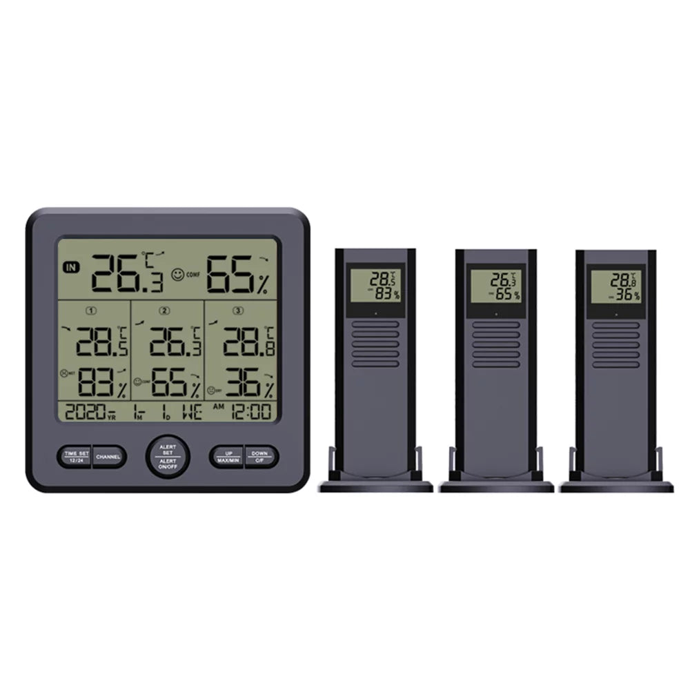 Digital Wireless Indoor Outdoor Thermohygrometer with 3 Remote Sensors 98ft/ 30m Backlight & Alarm Calibration Function Temperature Humidity Monitor with 3 Transmitters Weather Stations for Home Offic