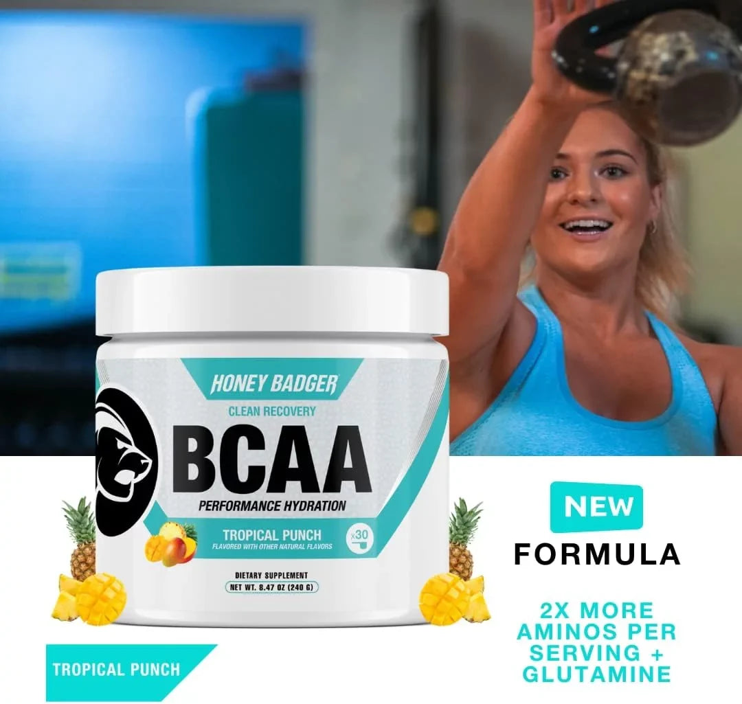 Honey Badger BCAA Amino Acids Electrolytes Powder, Keto, Vegan, Sugar Free BCAAs + EAA with L-Glutamine For Men & Women, Hydration & Post Workout Muscle Wrap Drink Mix, Tropical Punch, 30 Servings