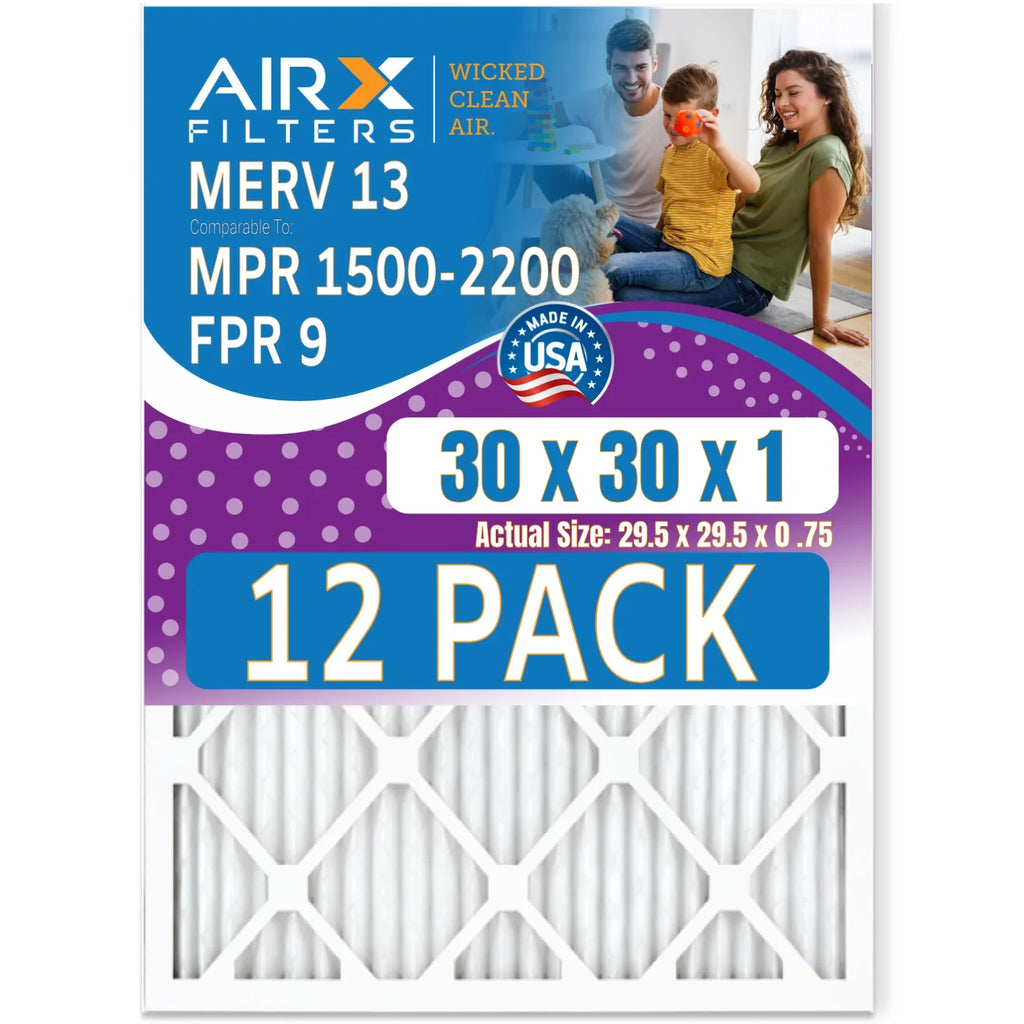 30x30x1 Air Filter MERV 13 Rating, 12 Pack of Furnace Filters Comparable to MPR 1500 - 2200 & FPR 9 - Made in by AIRX FILTERS WICKED CLEAN AIR.
