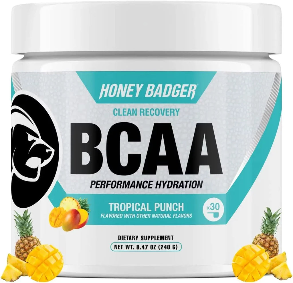 Honey Badger BCAA Amino Acids Electrolytes Powder, Keto, Vegan, Sugar Free BCAAs + EAA with L-Glutamine For Men & Women, Hydration & Post Workout Muscle Wrap Drink Mix, Tropical Punch, 30 Servings