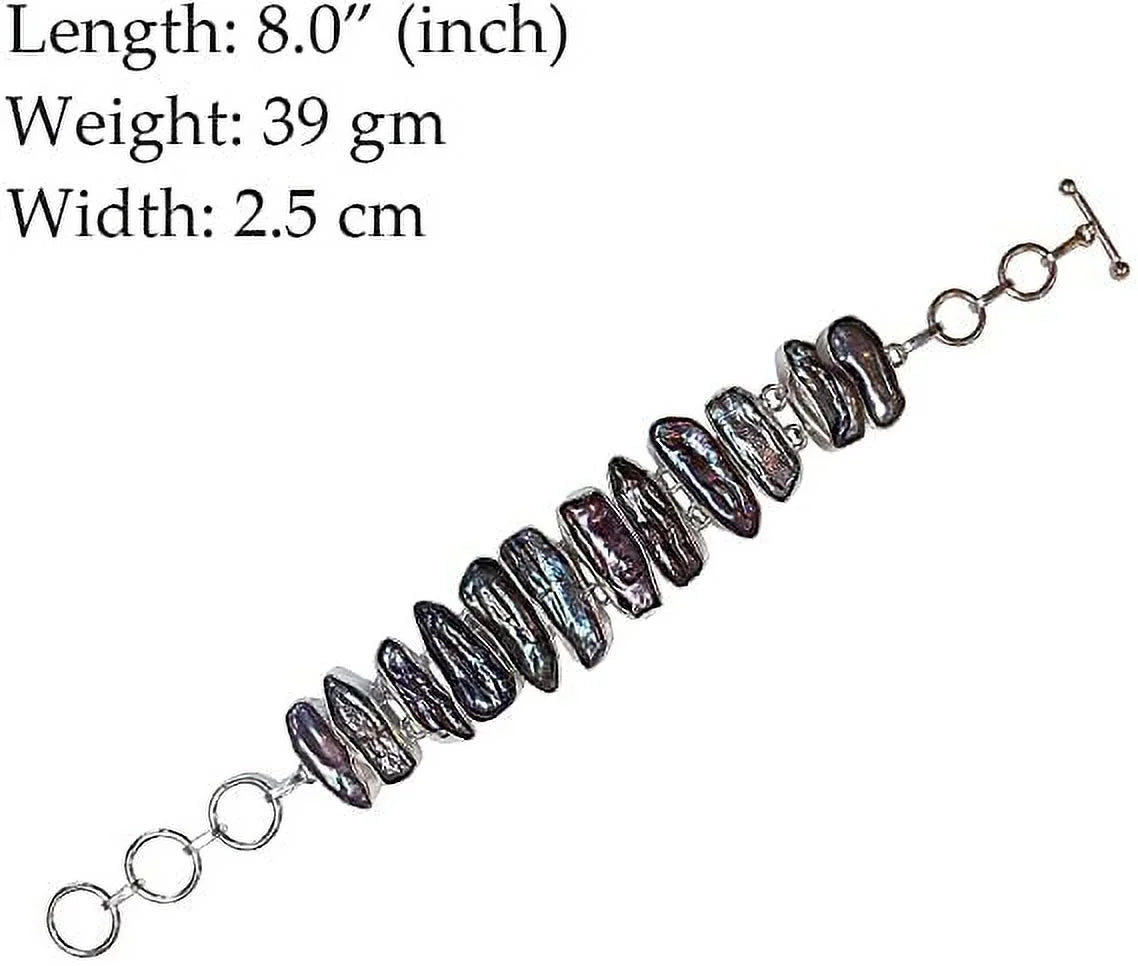 Biwa Pearl Gemstone for Women, 925 Silver Plated Handmade 8" Length Adjustable Fashion Jewllery, Gift Party Boho Designer Chain