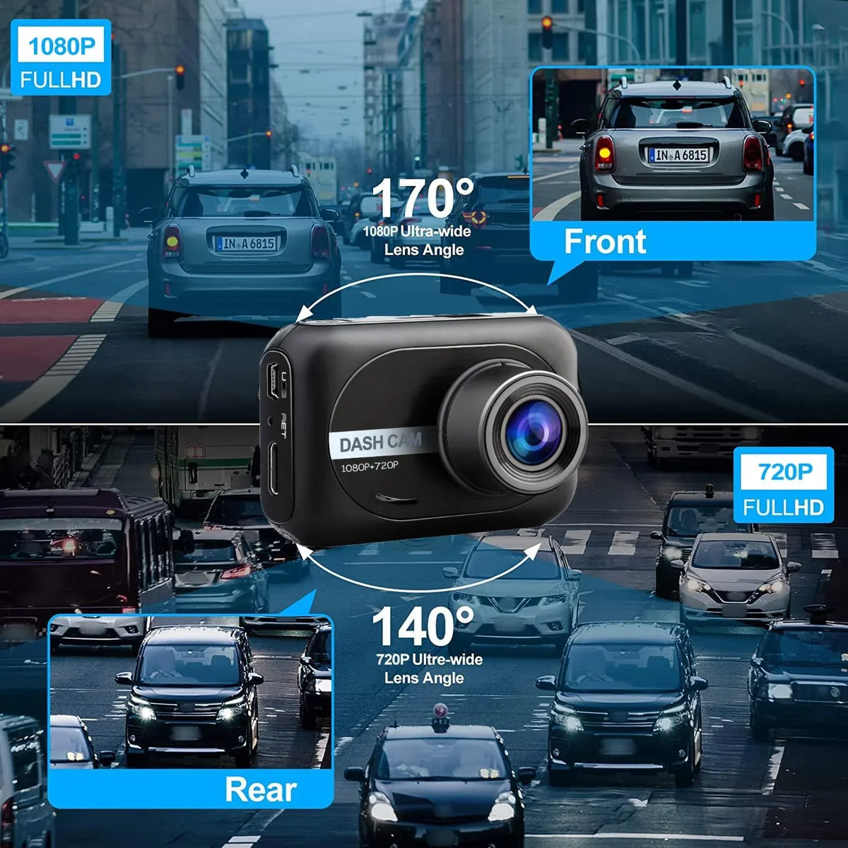 Dash Cam Front and Rear, 1080P Full HD Dash Camera for Cars, 64G SD , 2.45 inch IPS Screen, Night Vision, WDR, 2