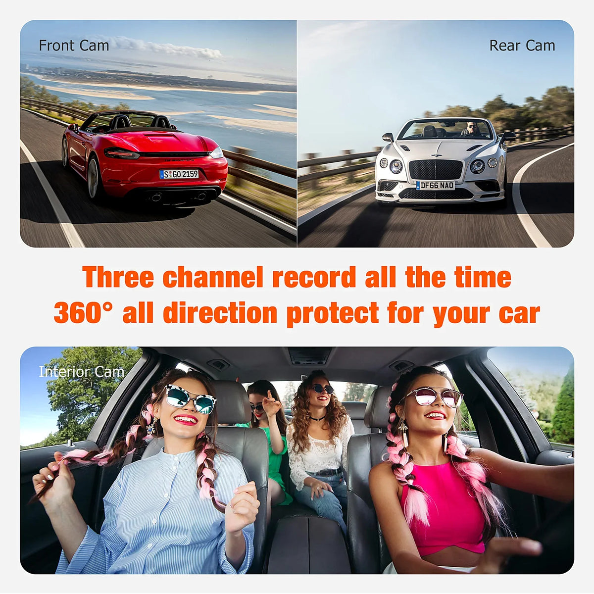 TOGUARD 3 Channel Car Camera Dash Cam Front and Rear Inside with IR Night Vision 1080P Dash Camera Three Way Triple Parking Monitor Motion Detection Accident Lock