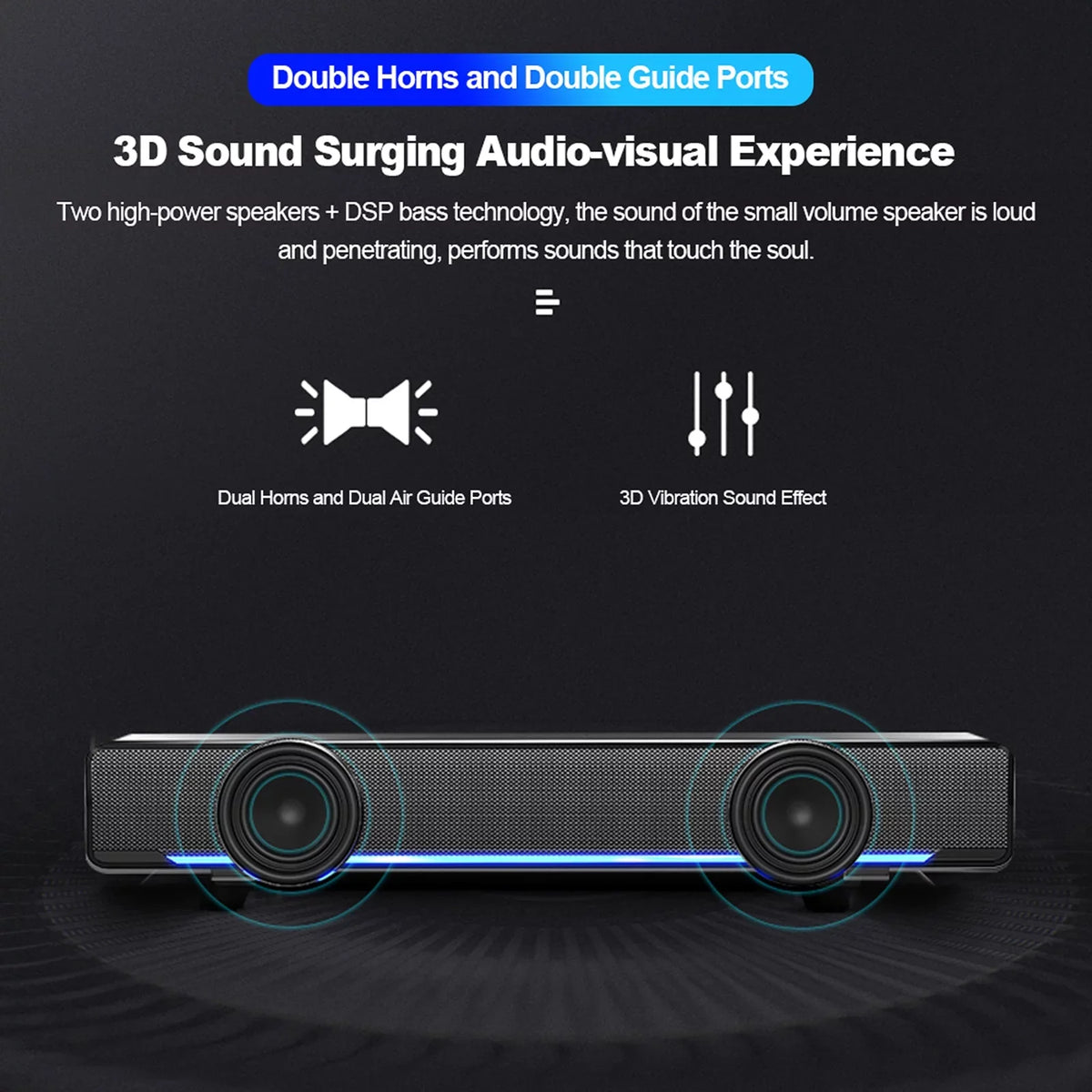 SADA V-196 USB Wired Computer Speaker Bar Stereo Subwoofer Powerful Player Bass Surround Sound Box 3.5mm Audio Input for PC Laptop Smartphone Tablet MP3 MP4