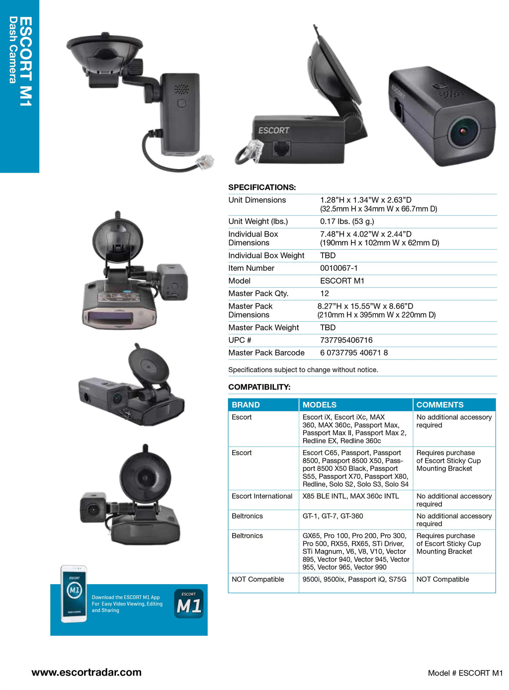 ESCORT M1 DASH CAM - Companion Dash Cam to your Escort Radar Detector. Video/audio Clip Saving, Editing & Sharing